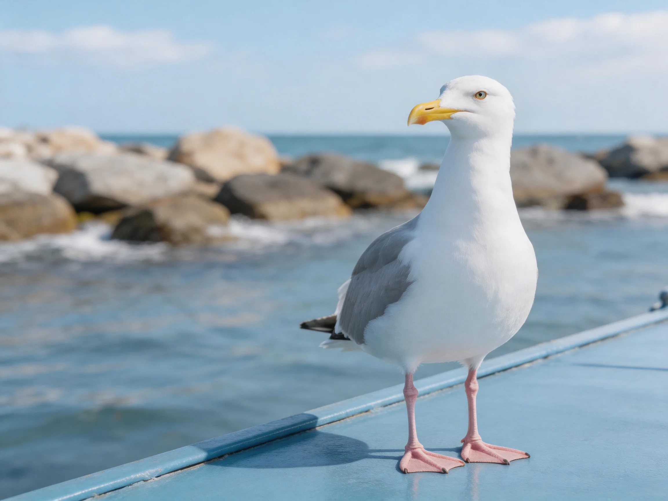 Seagull Standing on Blue Railing Near Coastal Rocks