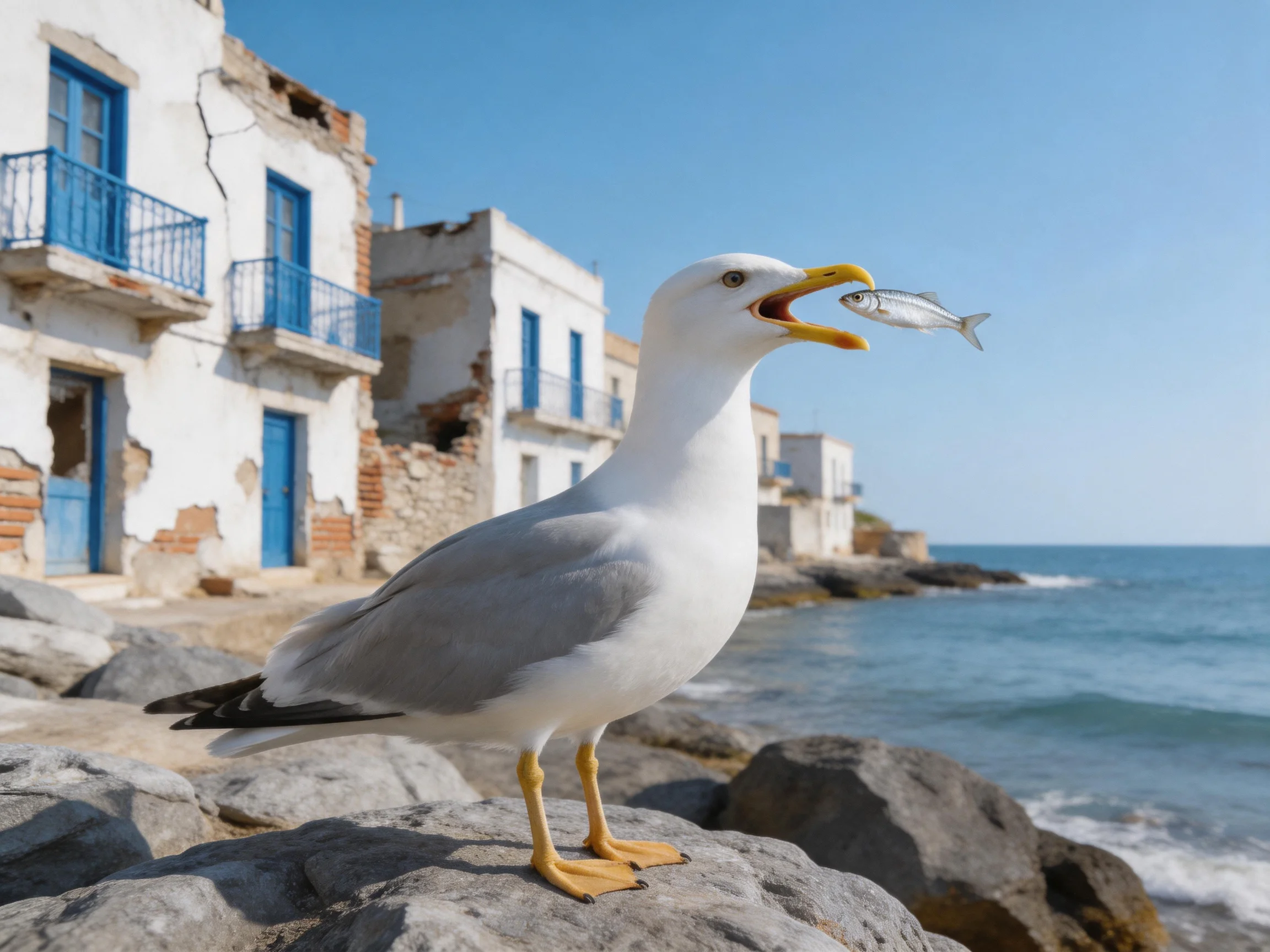 Seagull catches fish on rocky shore by old white buildings