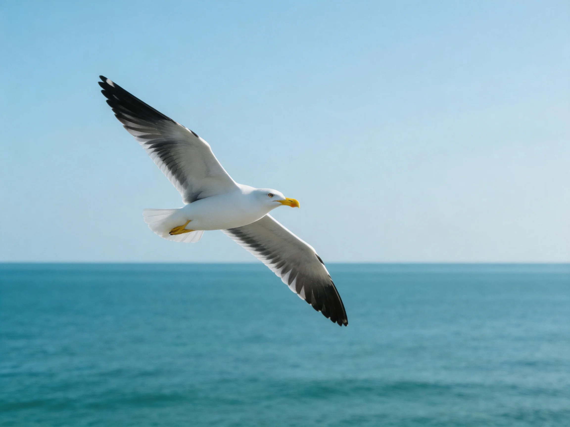 Seagull flies over calm blue ocean with clear sky