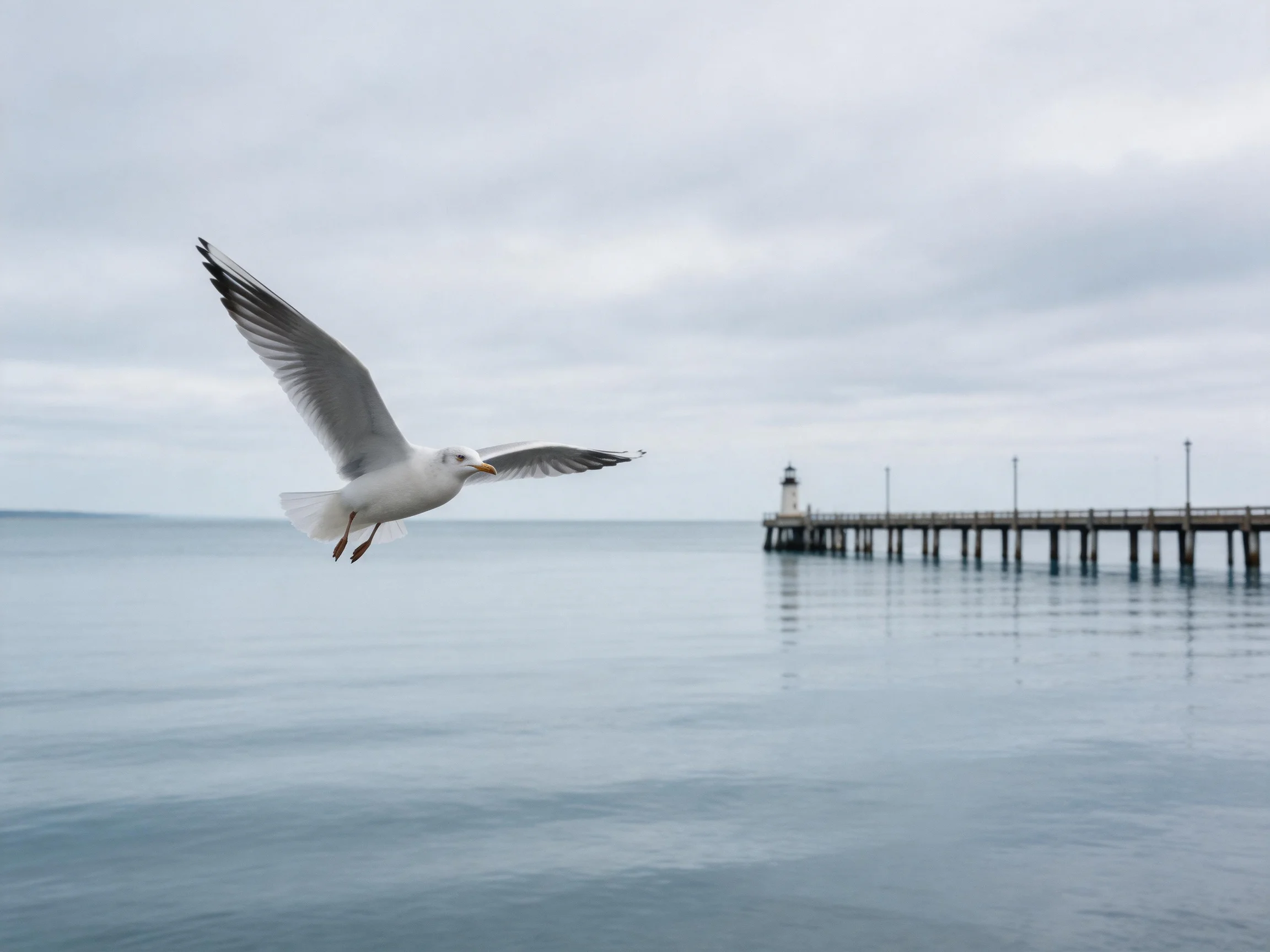 Seagull flies over calm water near pier with lighthouse