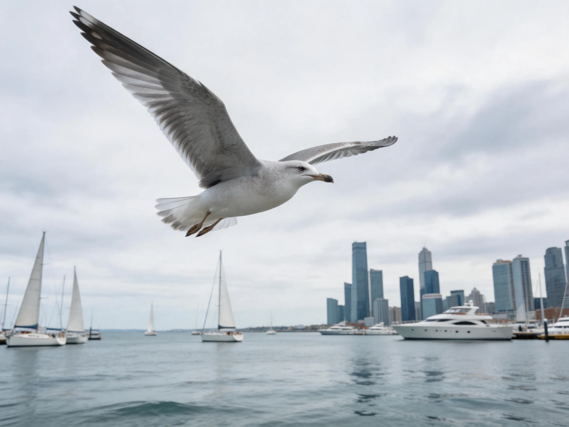 Seagull flies over harbor with sailboats and skyscrapers