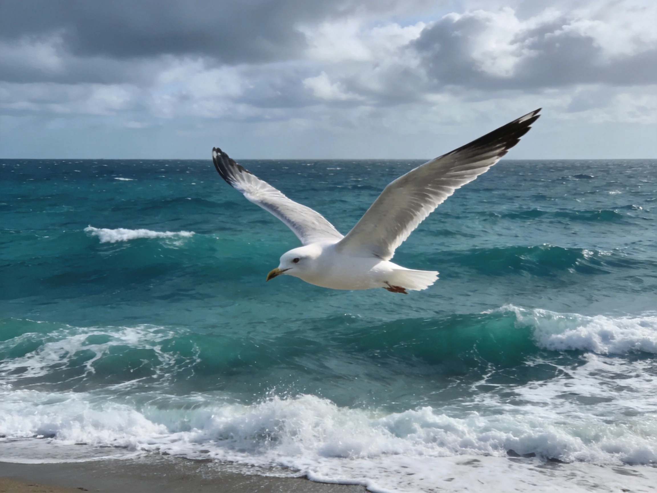 Seagull flies over turquoise ocean waves near shoreline