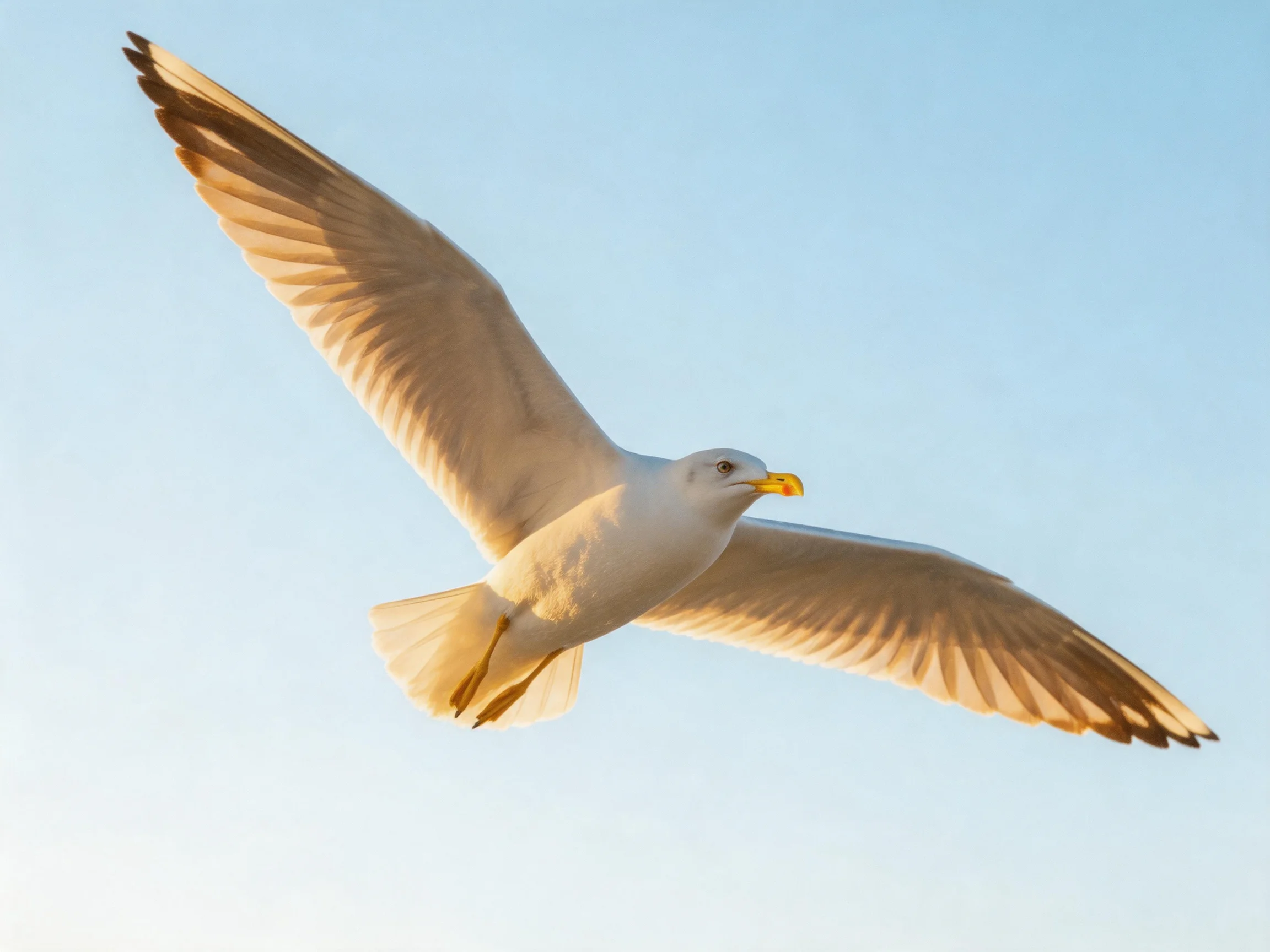 Seagull gliding with outstretched wings against clear blue sky