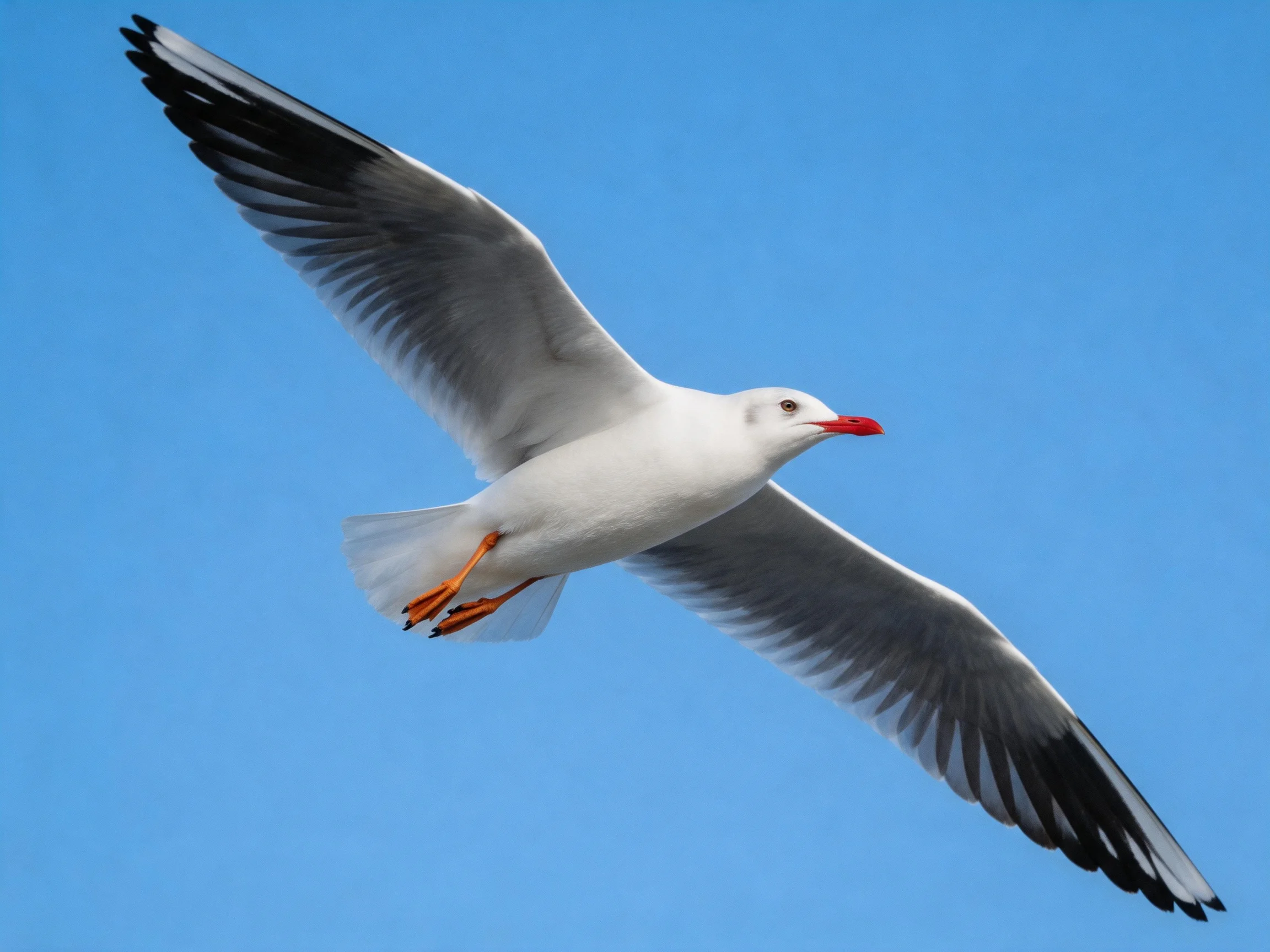 Seagull in flight with black-tipped wings and red beak