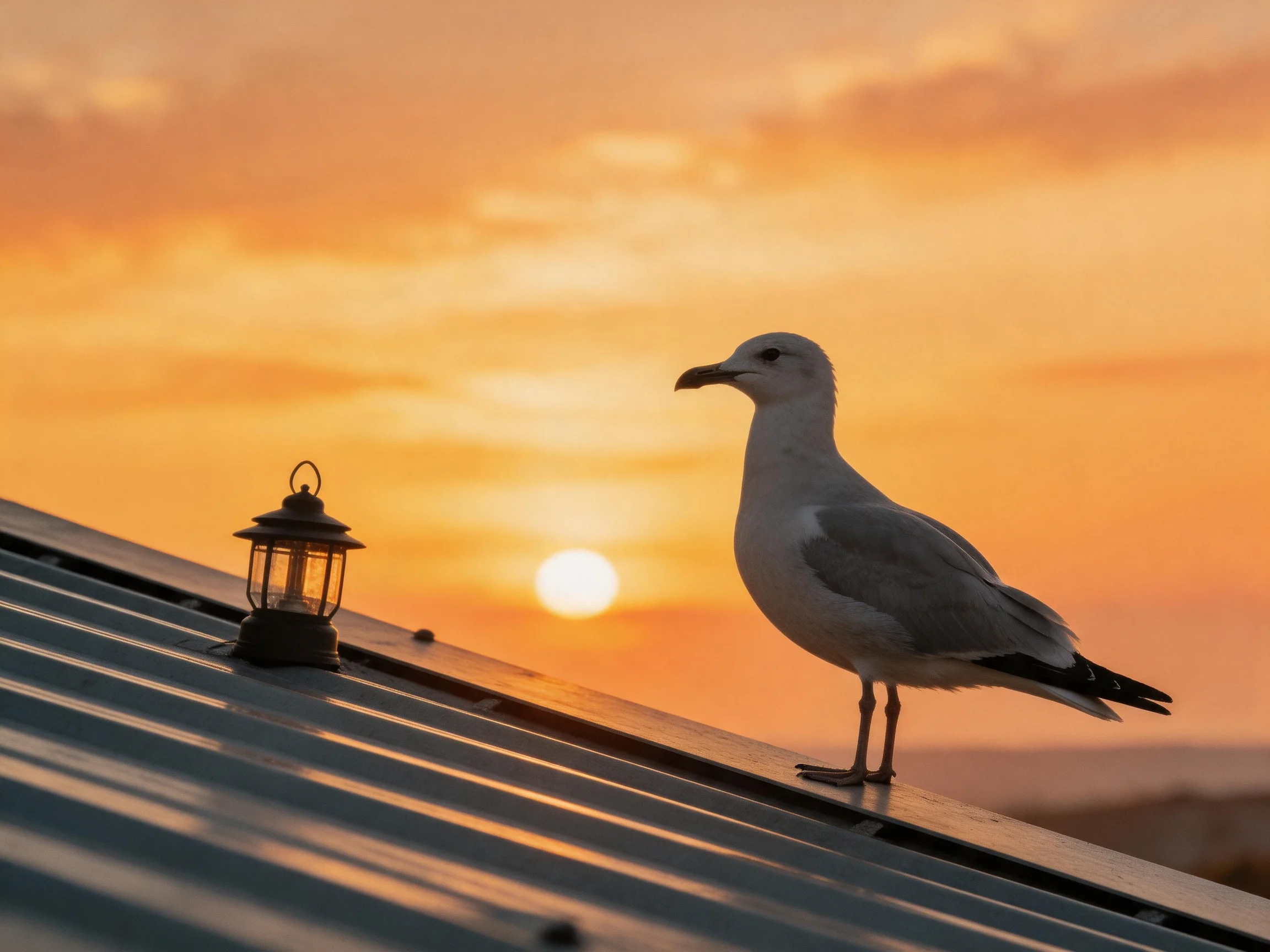 Seagull on metal roof beside lantern during sunset