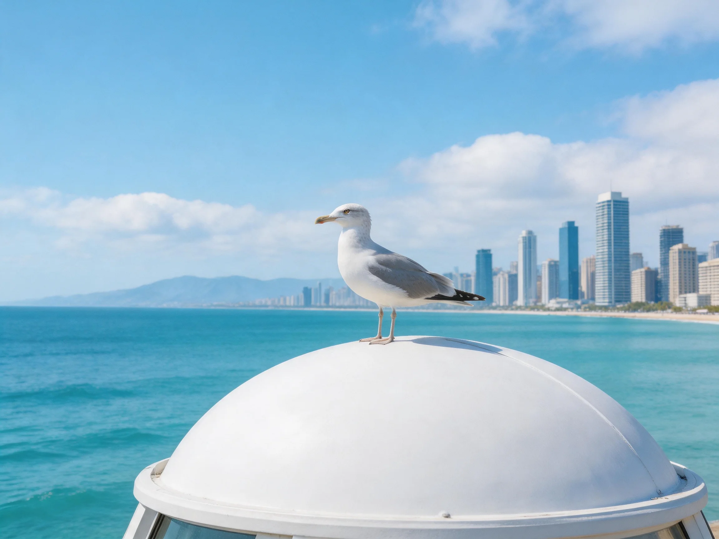 A seagull sits on a white dome with an ocean and city skyline behind it.