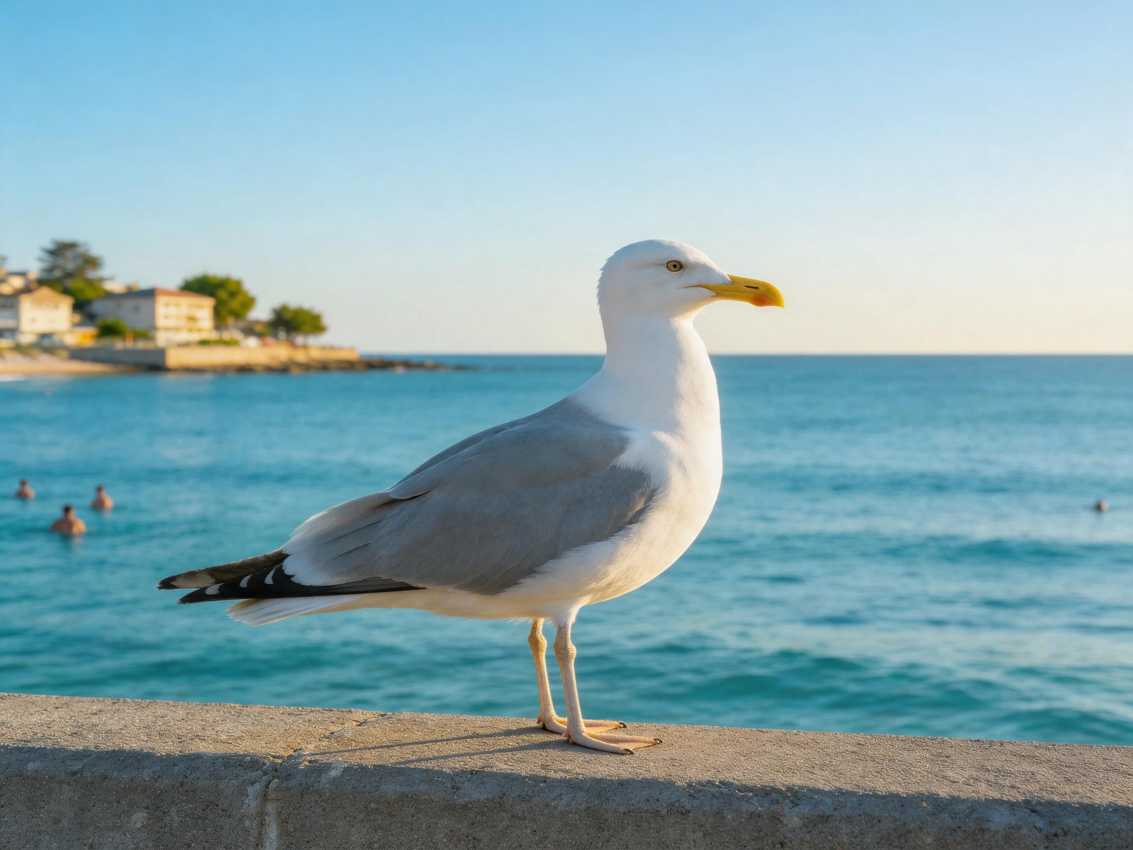 Seagull perched by turquoise sea with coastal structures
