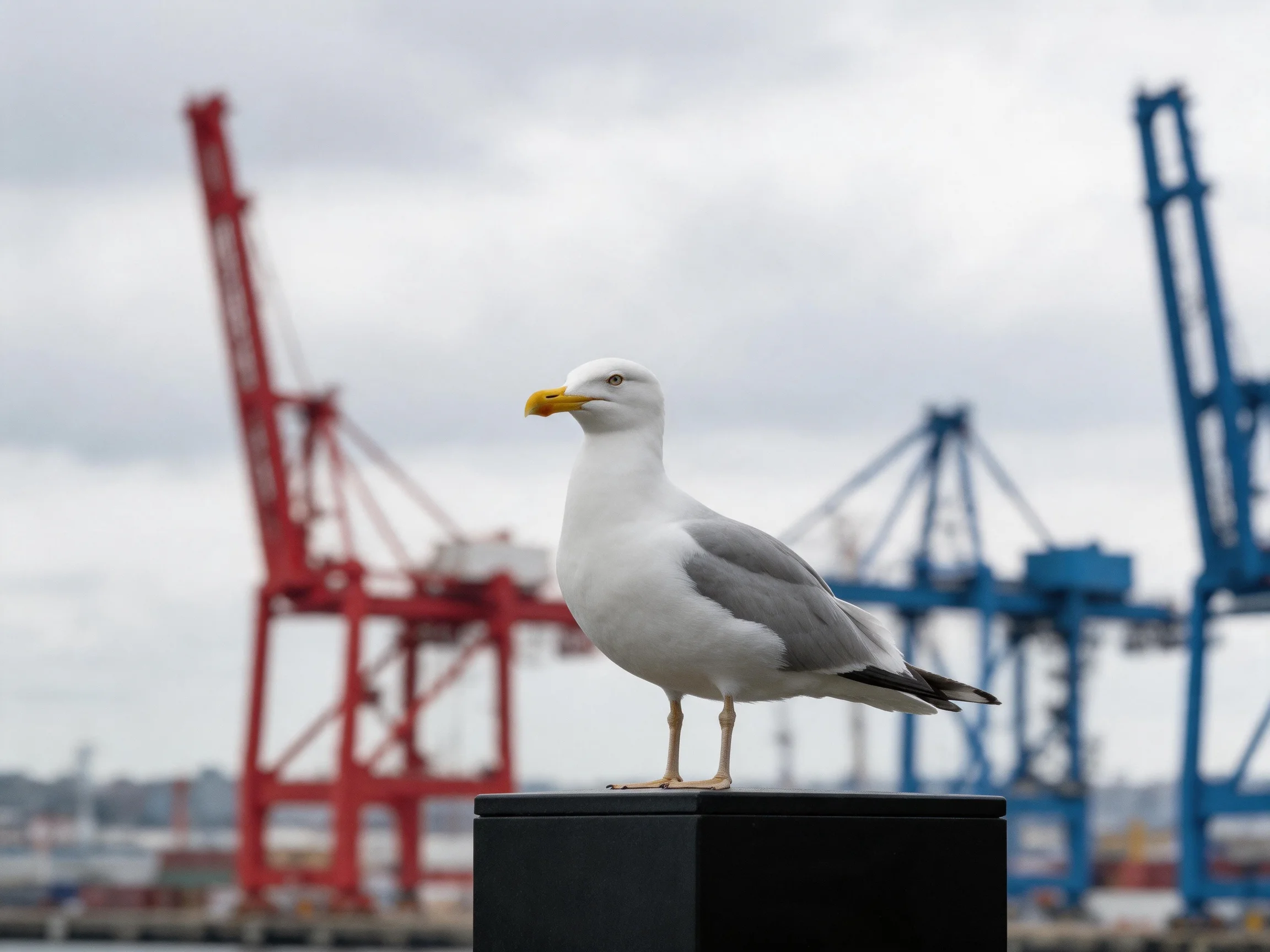 Seagull perched on black post near red and blue industrial cranes