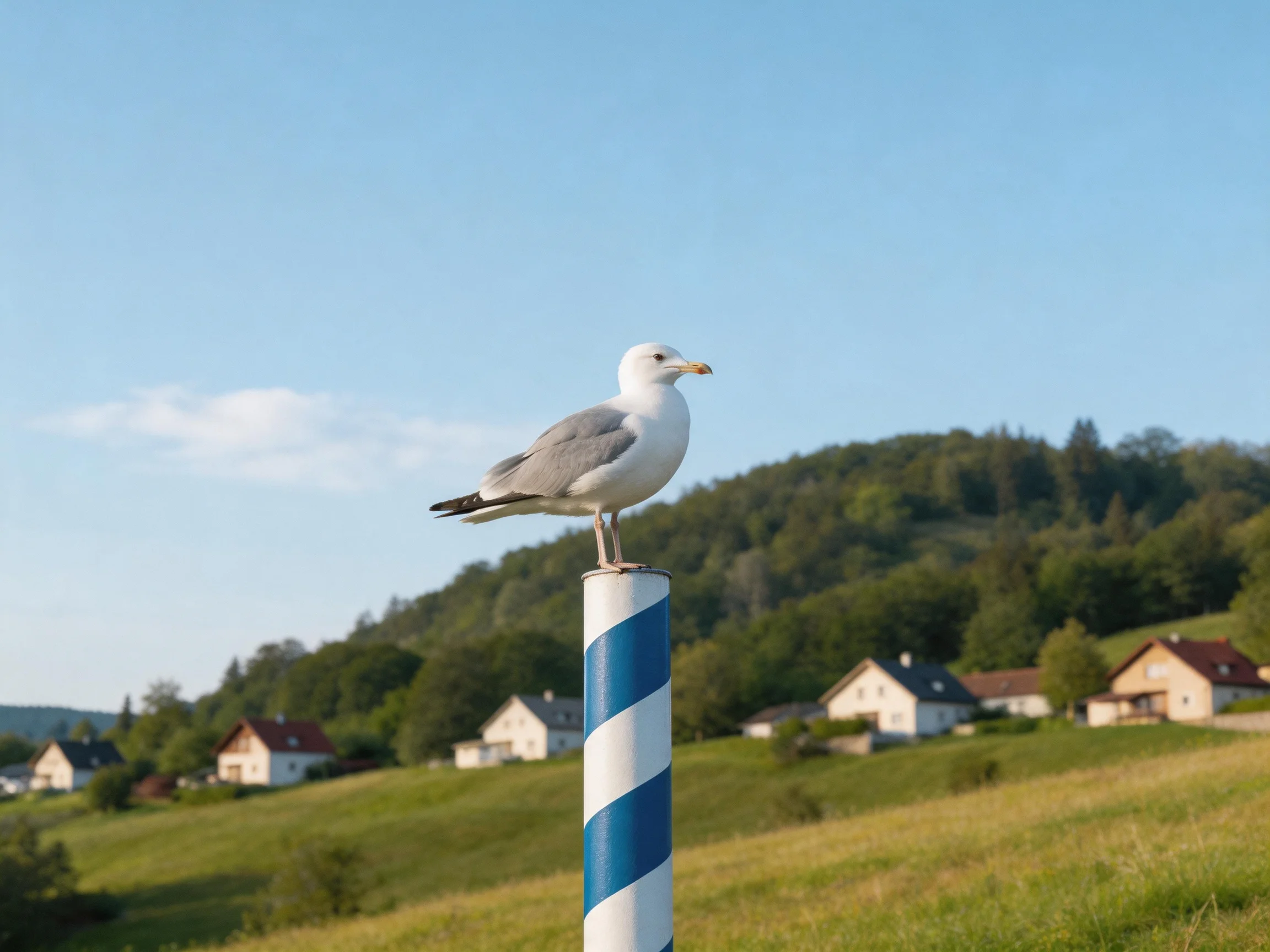 Seagull perched on blue - white striped pole near rural homes