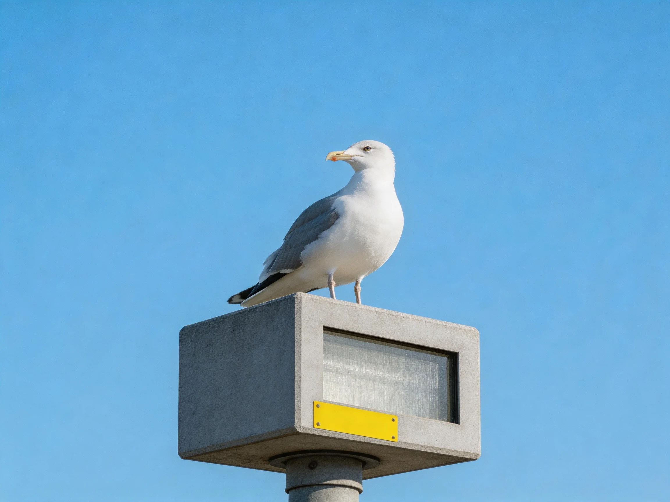 Seagull perched on gray concrete structure with yellow plaque under clear blue sky