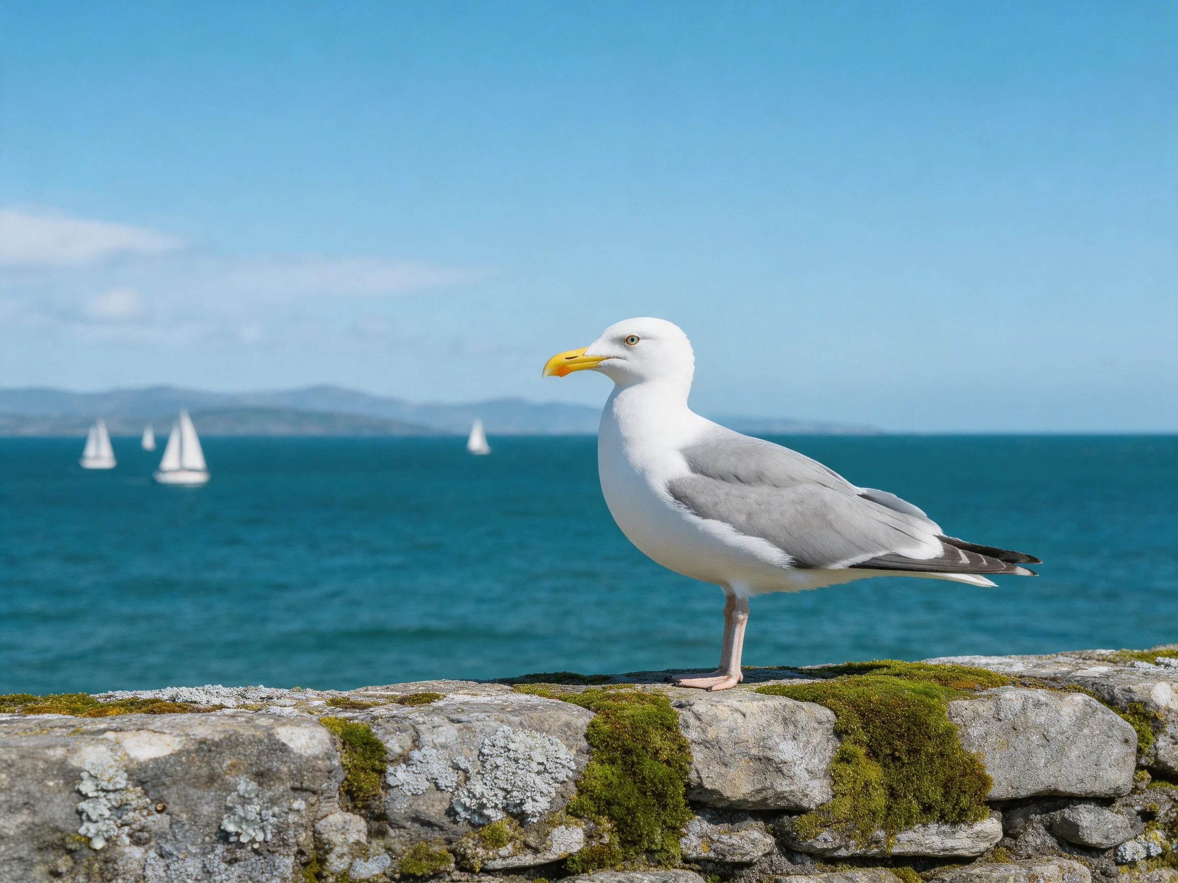 Seagull perched on mossy stone wall near sailboats