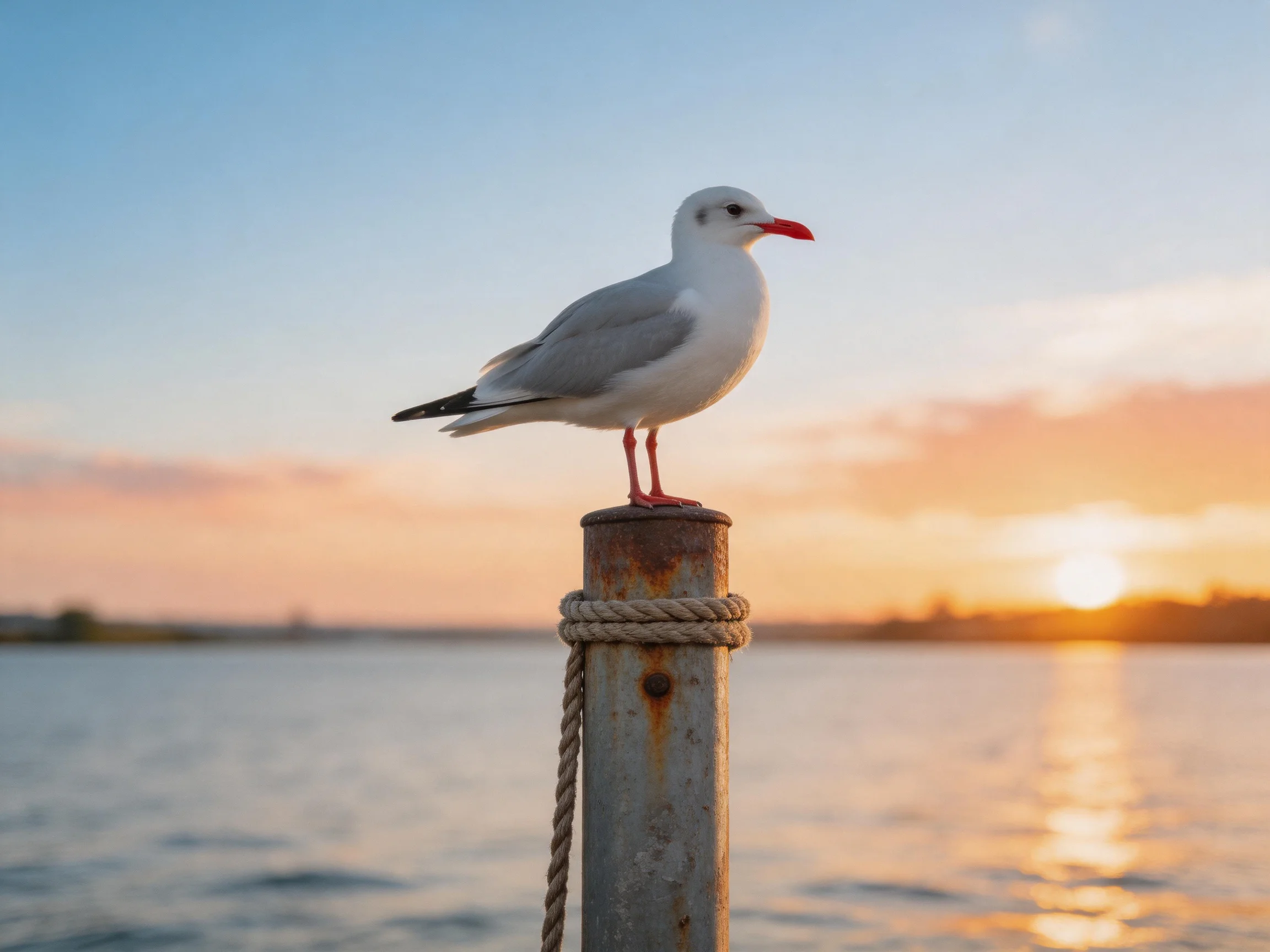 Seagull perched on rusted post by calm waters at sunset