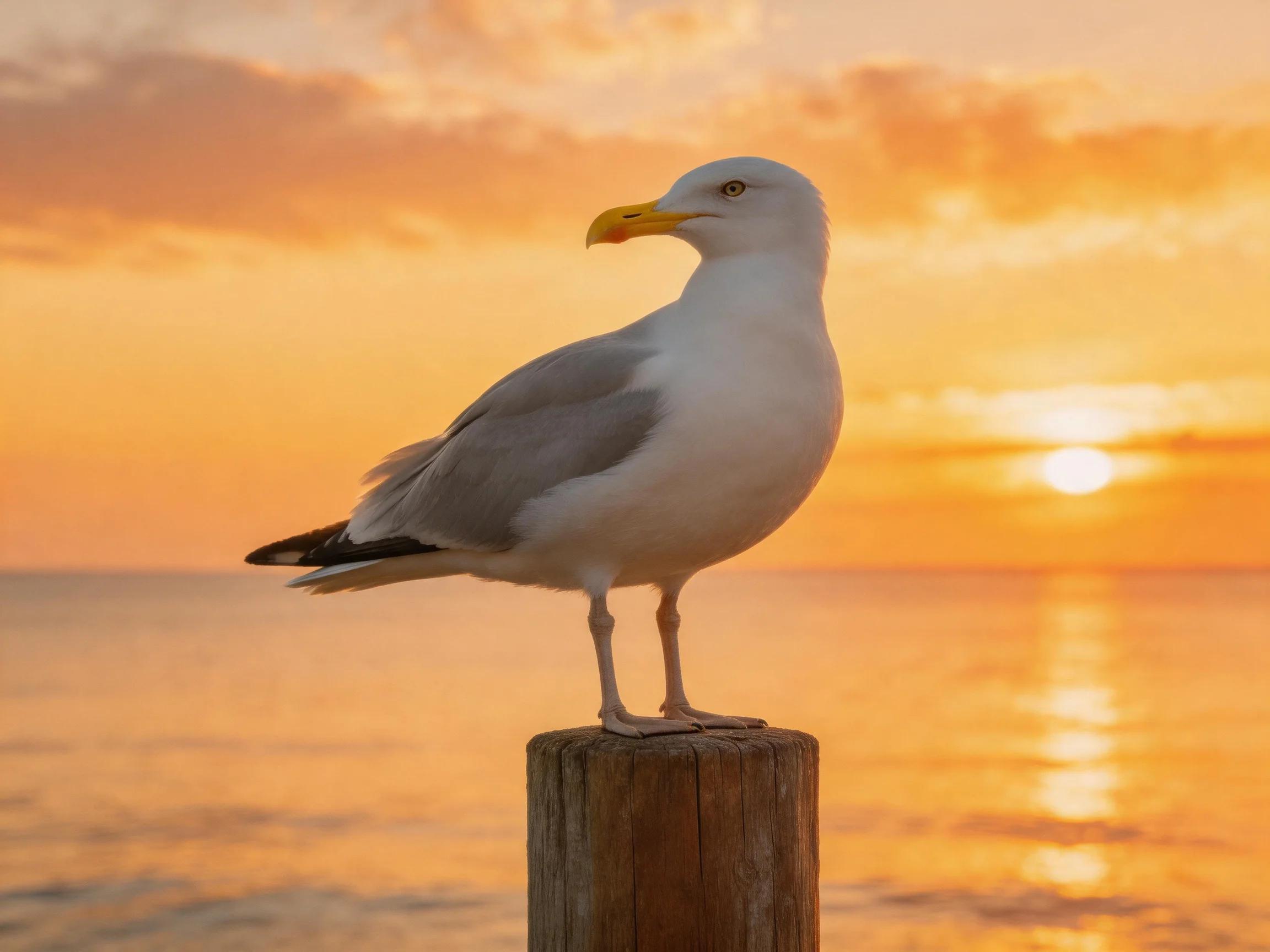 Seagull perched on wooden post during golden-orange sunset over calm sea