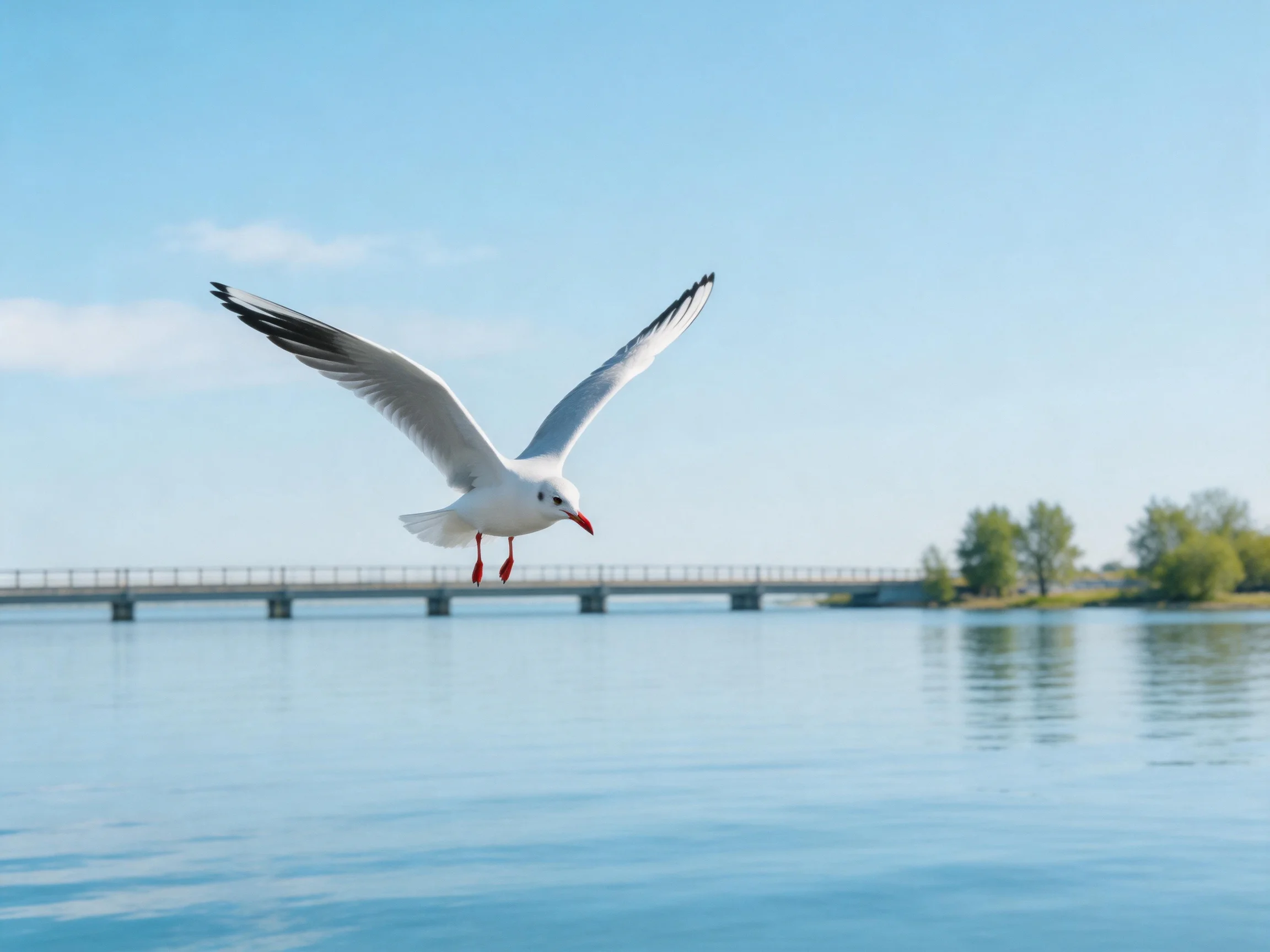 Seagull soaring over calm water near a bridge