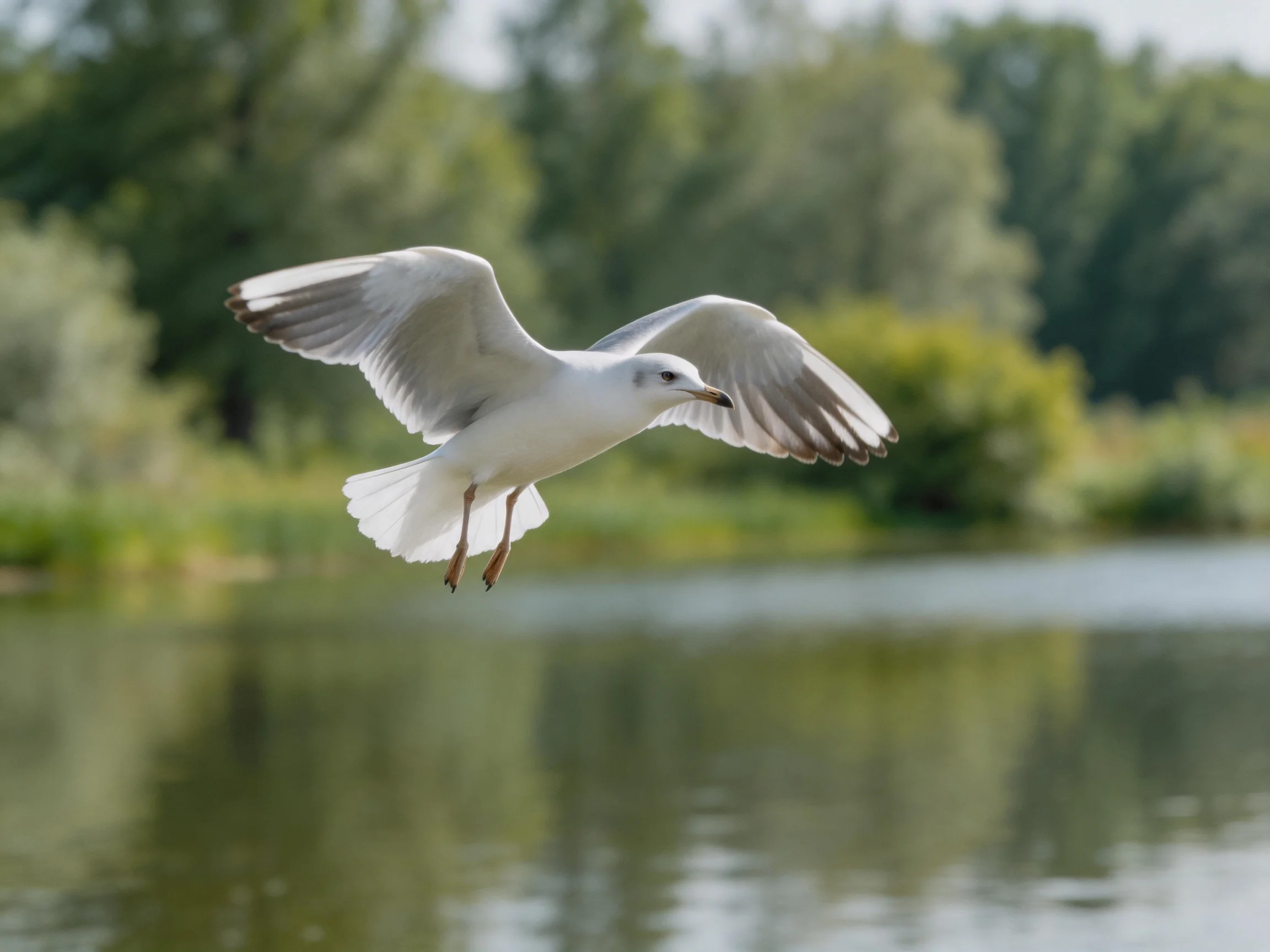 Seagull soaring over calm water near green trees