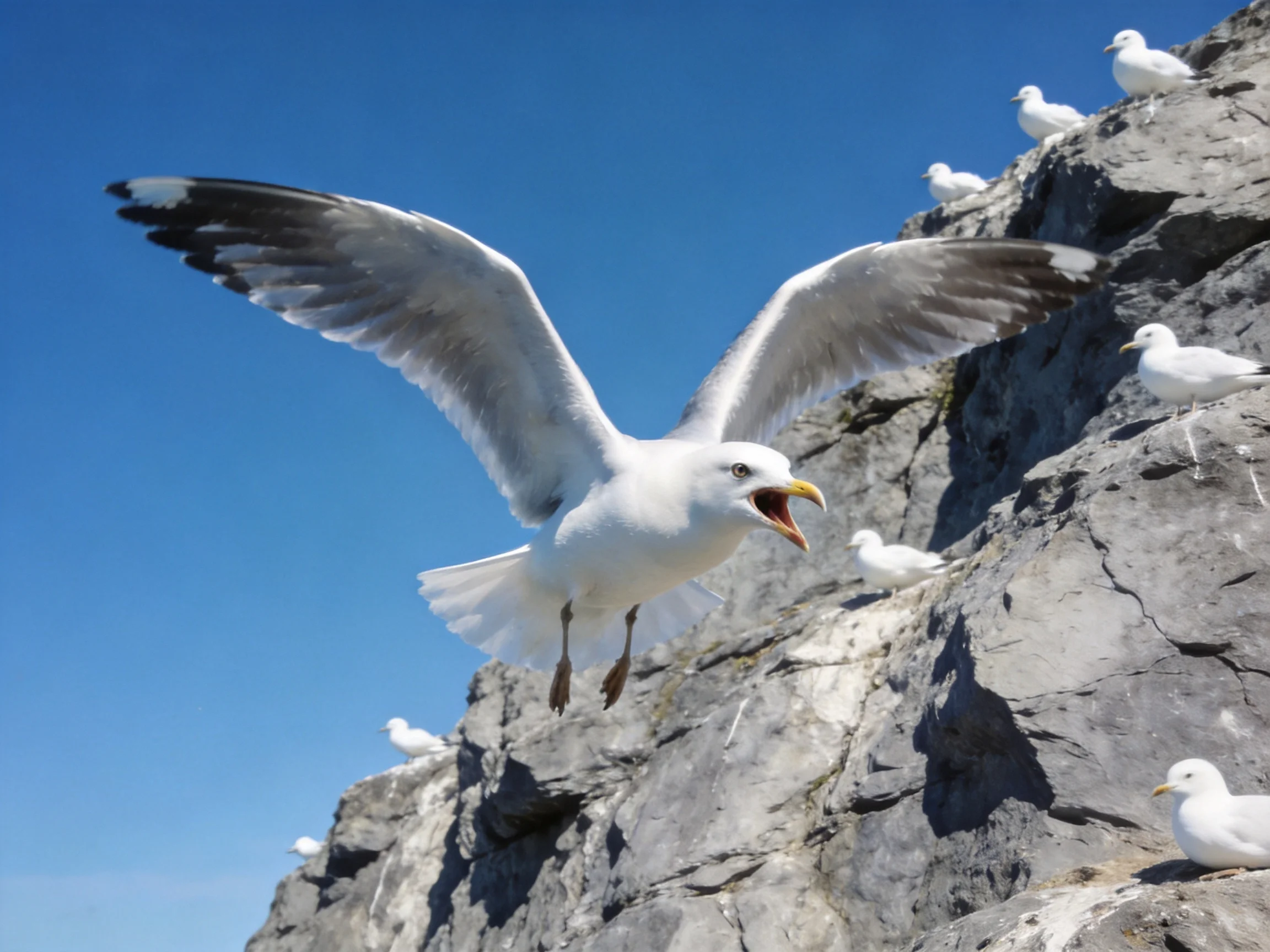 Seagull soaring over rocky cliffside with multiple perched seabirds