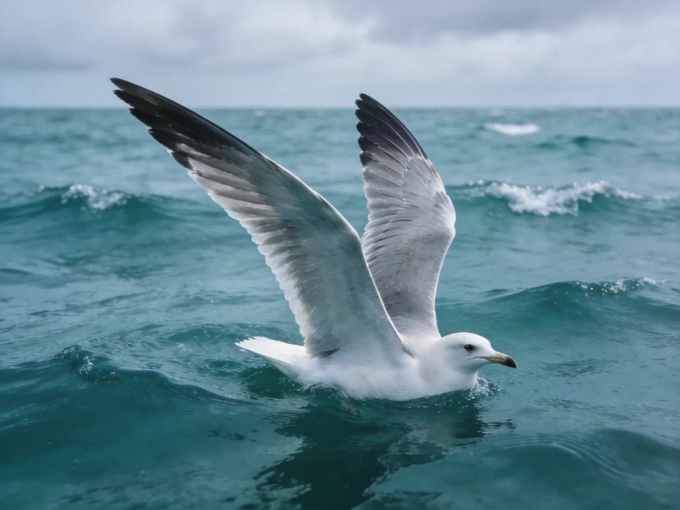 Seagull soaring over turquoise ocean waves under cloudy sky