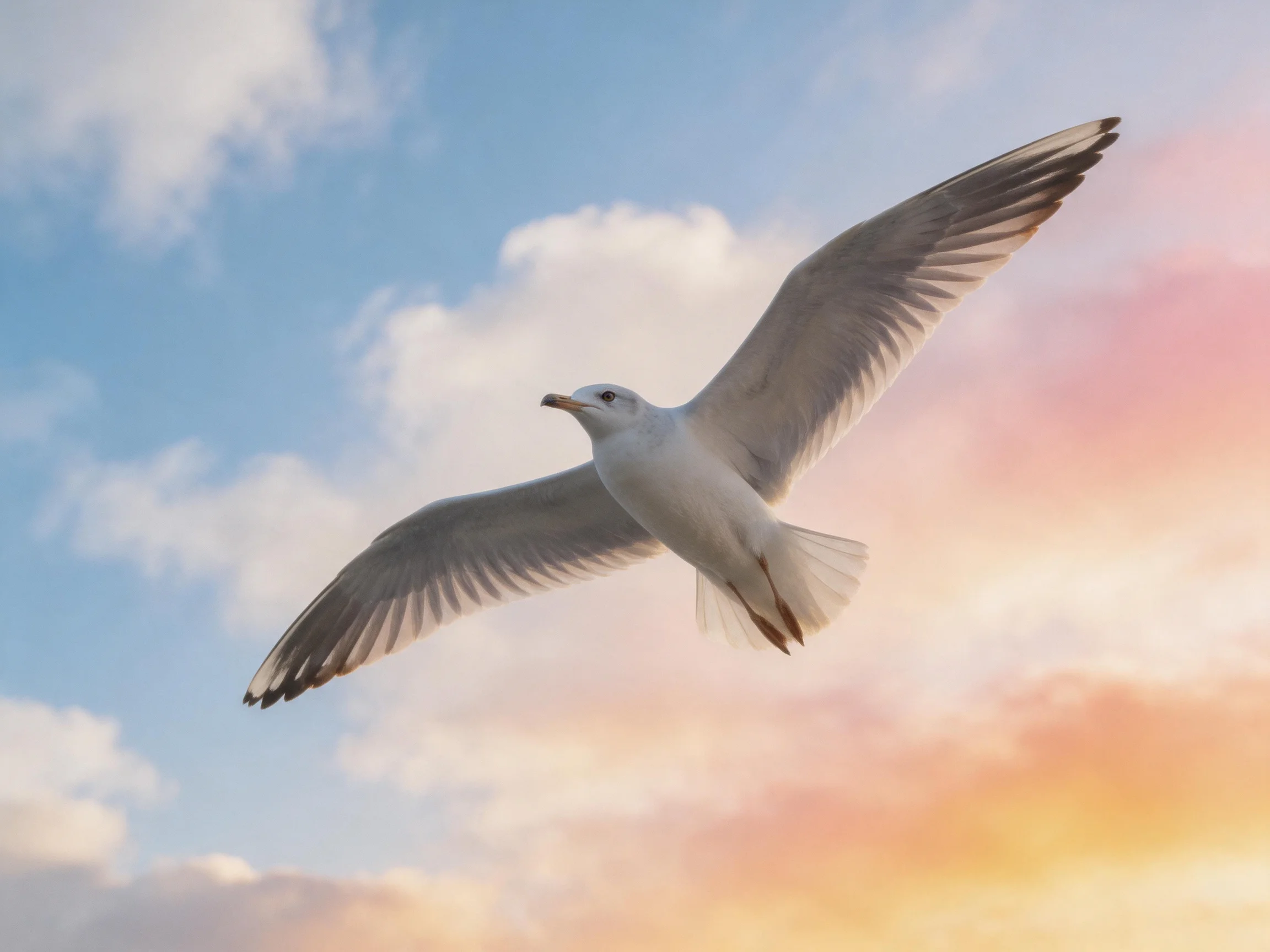 Seagull soaring through blue and pink cloud-filled sky