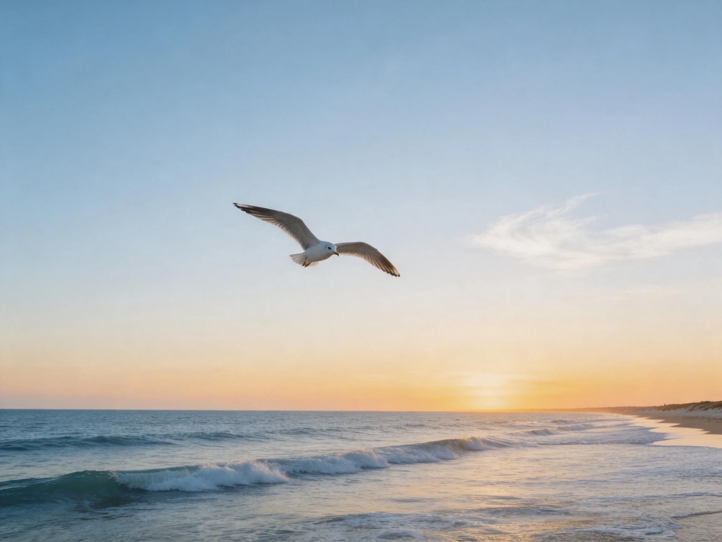 Seagull soars over ocean waves on sandy beach at sunset