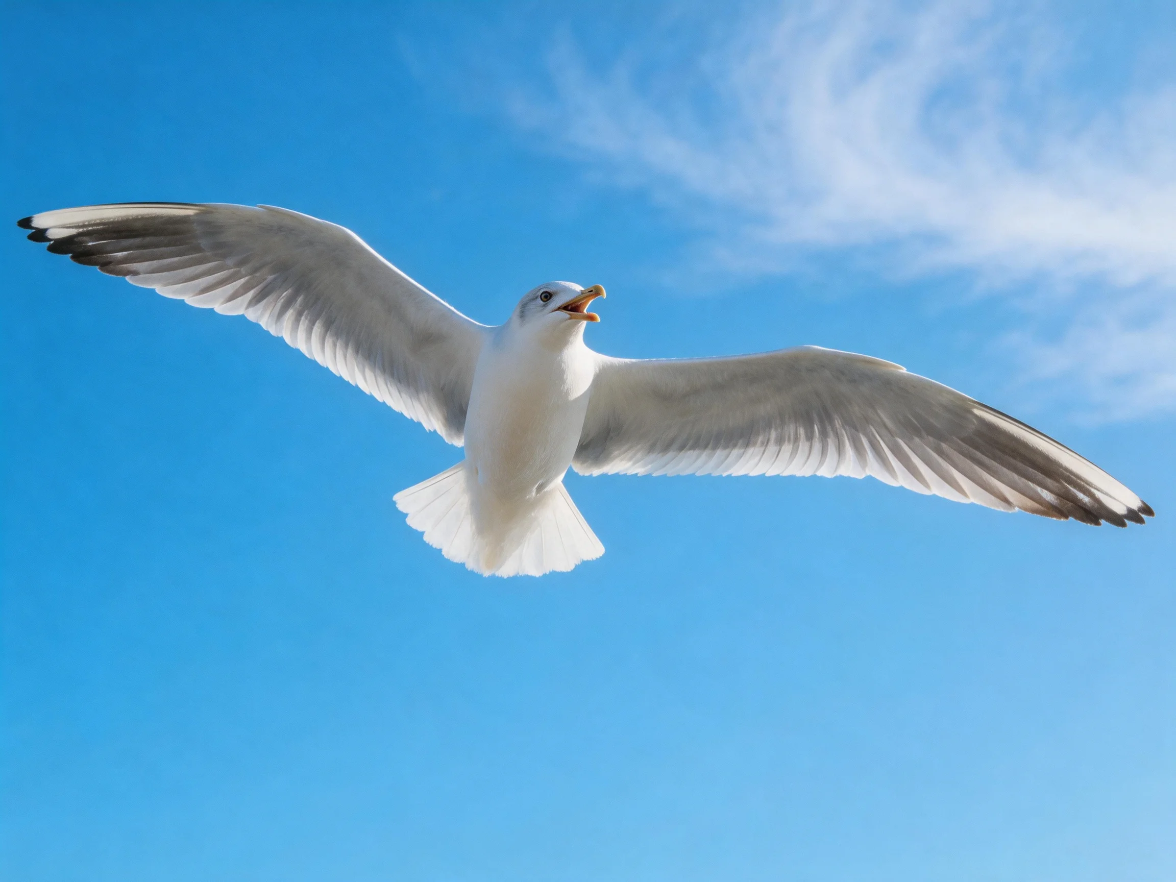 Seagull spreads wings mid-flight over bright blue sky