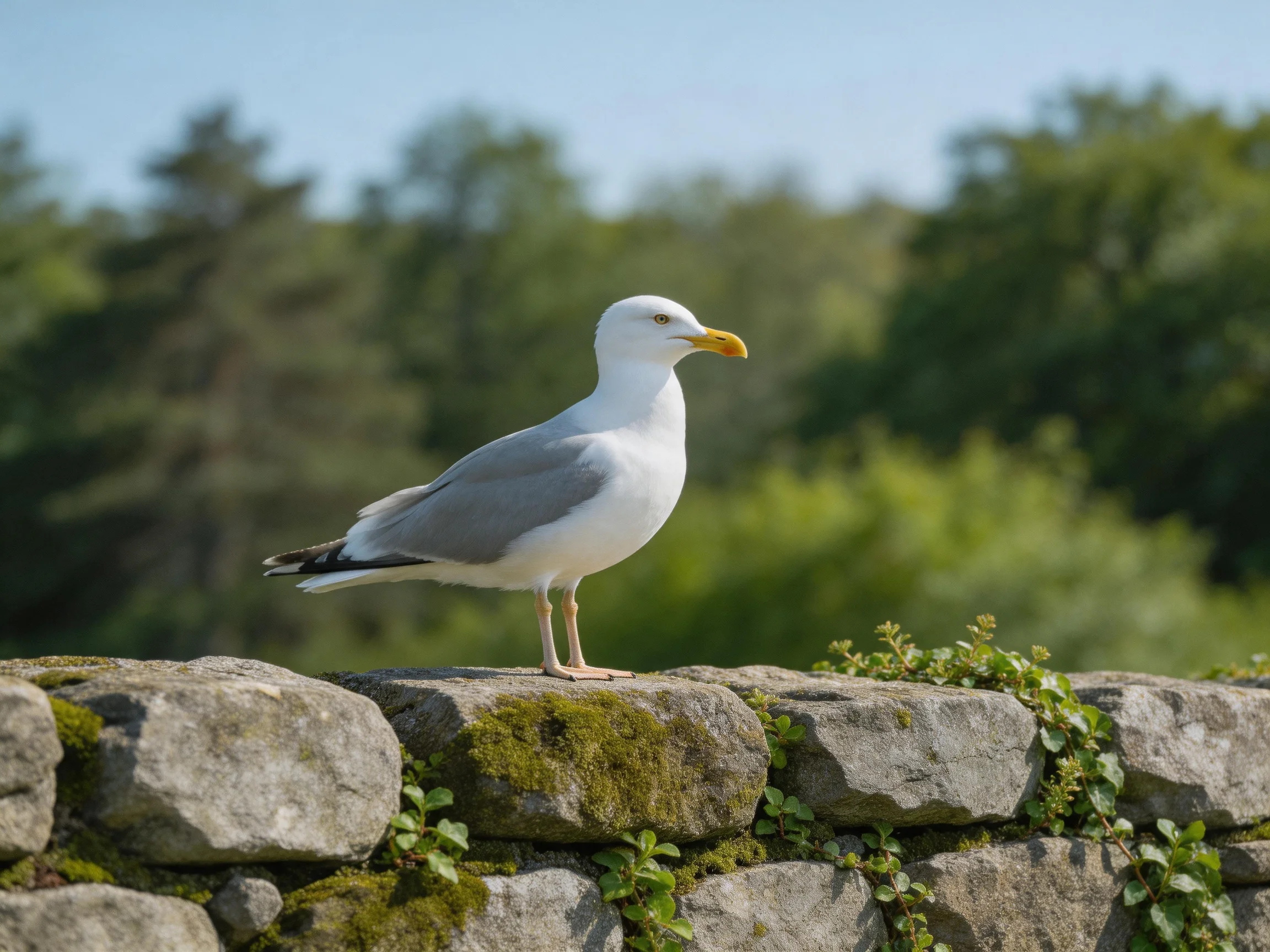 Seagull standing on moss-covered stone wall near lush trees