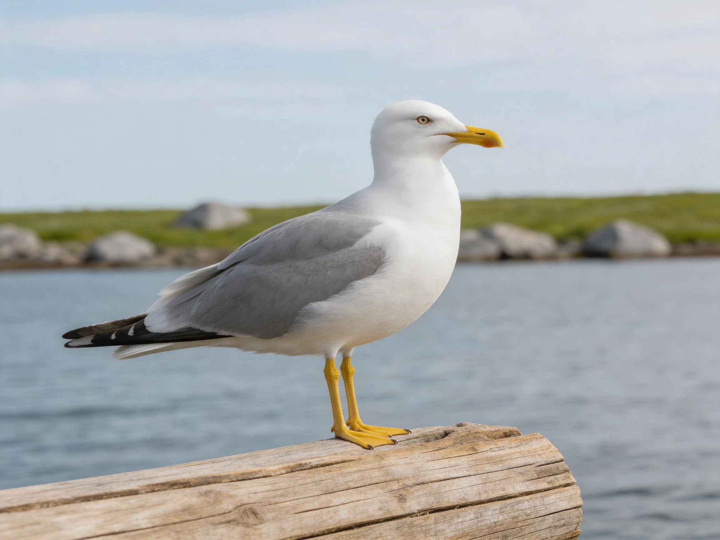 Seagull with gray wings perched on weathered wood by calm water