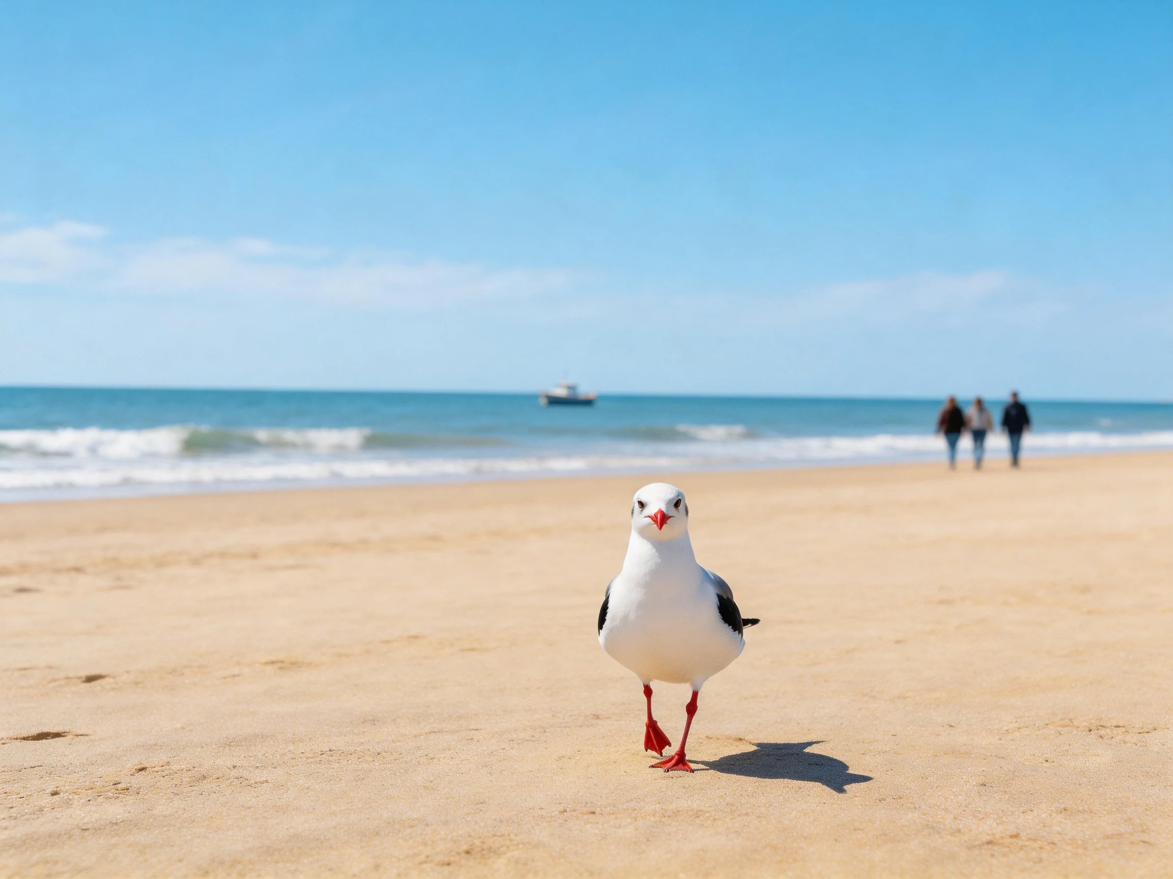 Seagull with red legs walks on sunny sandy beach by calm sea