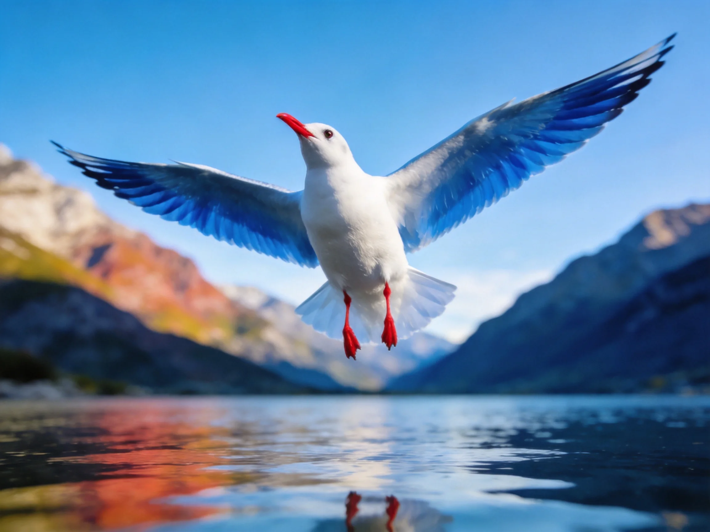 Seagull with vibrant blue wings soars over tranquil water near mountainous landscape