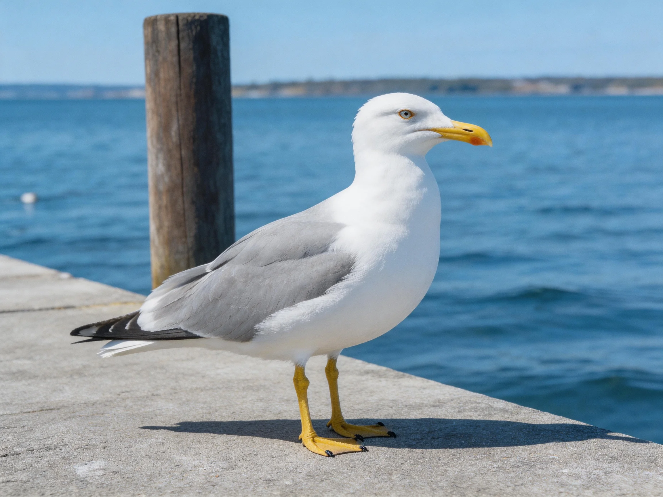 A seagull with white and gray feathers stands near calm blue water.