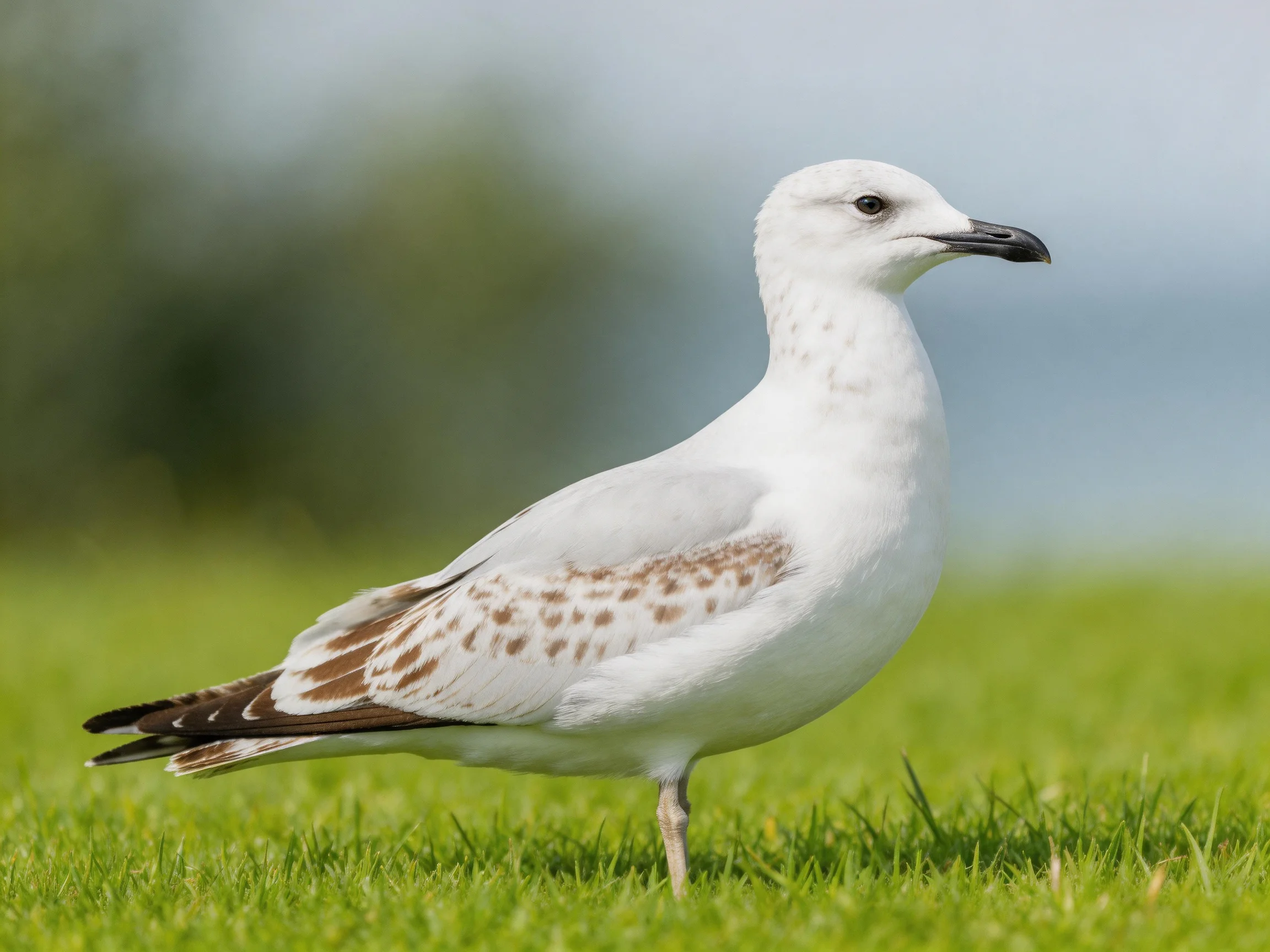 Seagull with white feathers and brown wing spots on grass