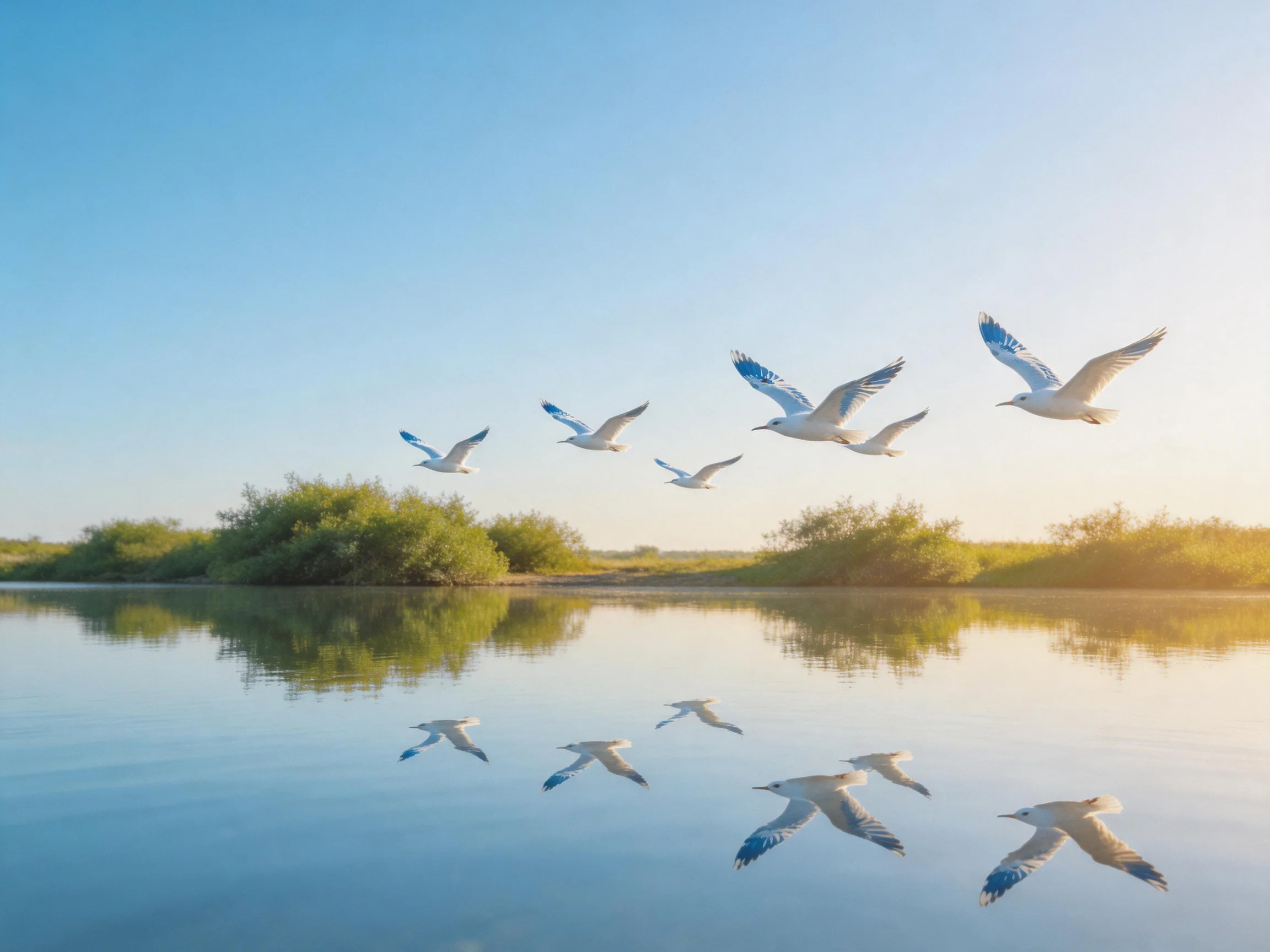 Seagulls soar over calm water with greenery