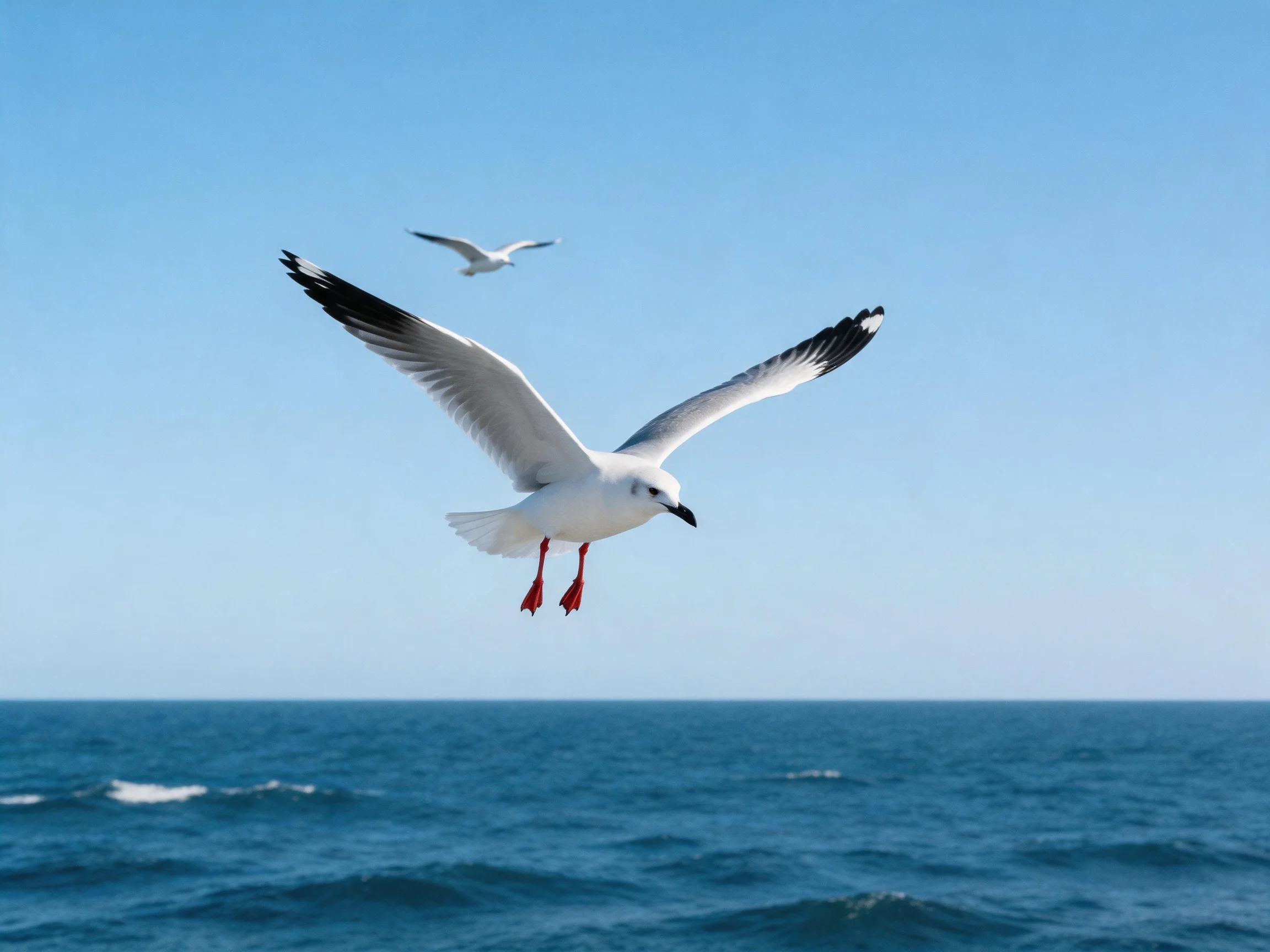 Seagulls soaring over deep blue ocean under clear sky