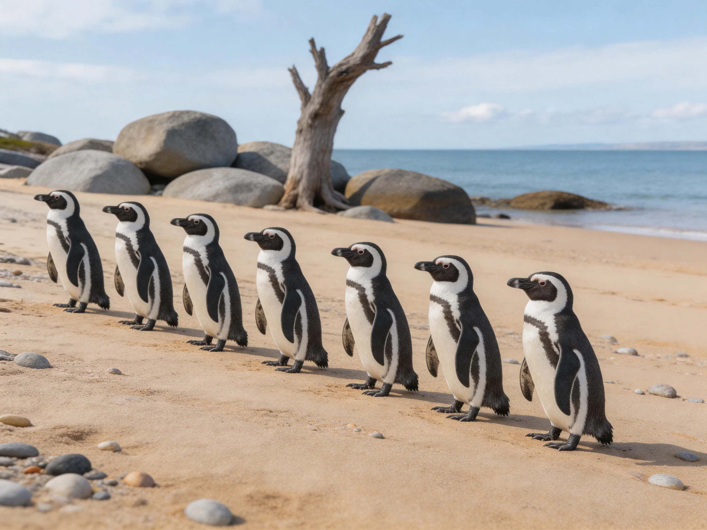 Seven black-and-white penguins walk along a sandy beach near rocks
