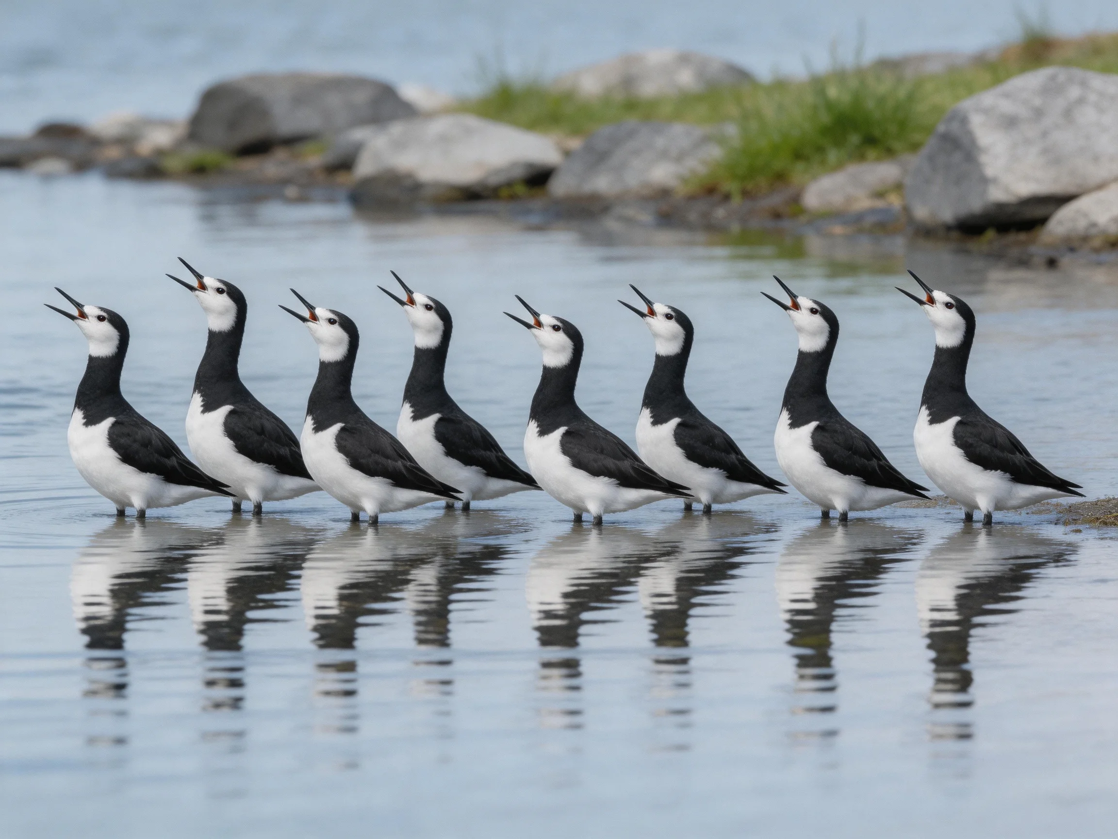 Seven black-and-white seabirds stand in shallow water by rocky shore