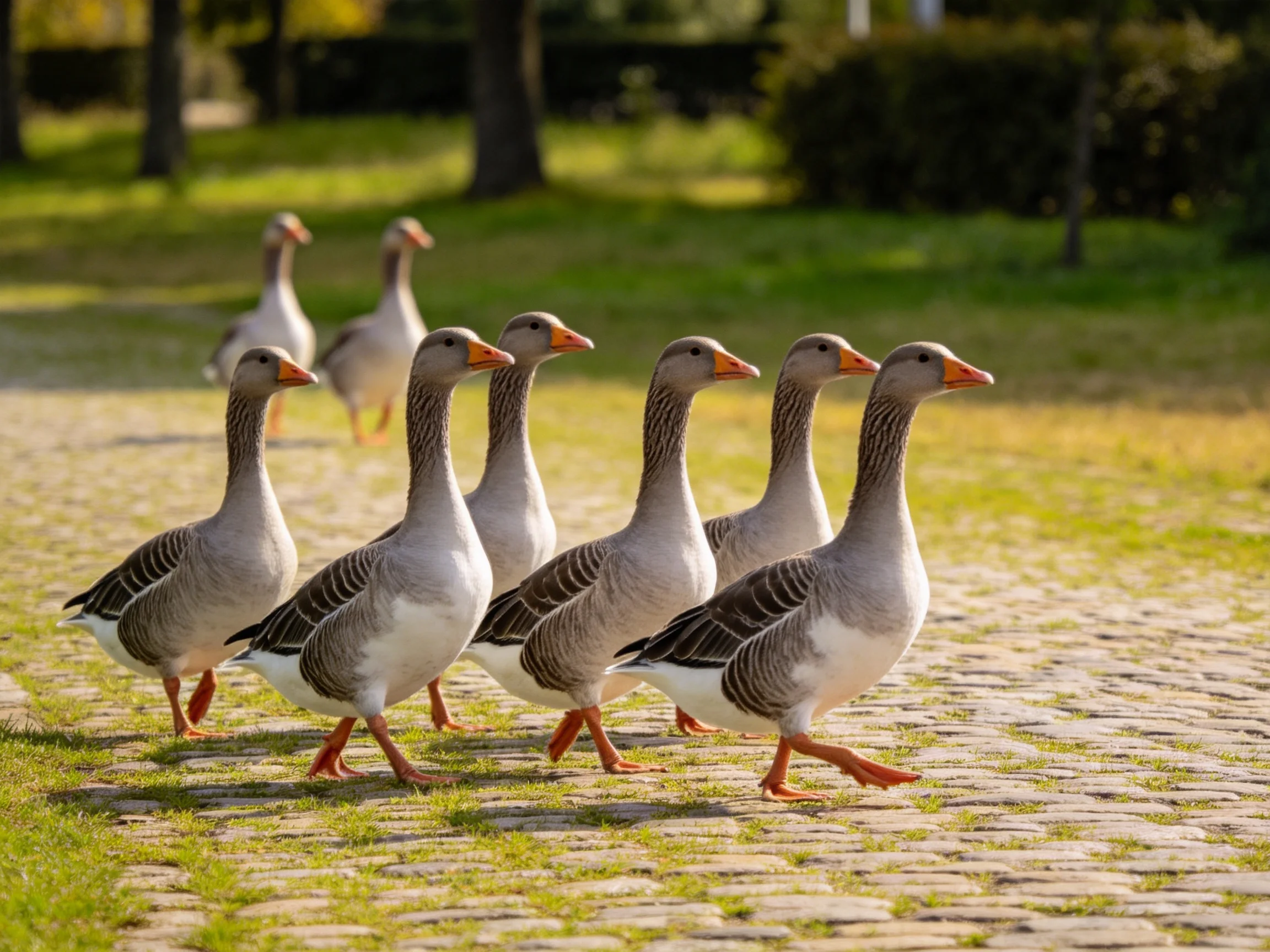 Seven gray geese march along a sunlit cobblestone path