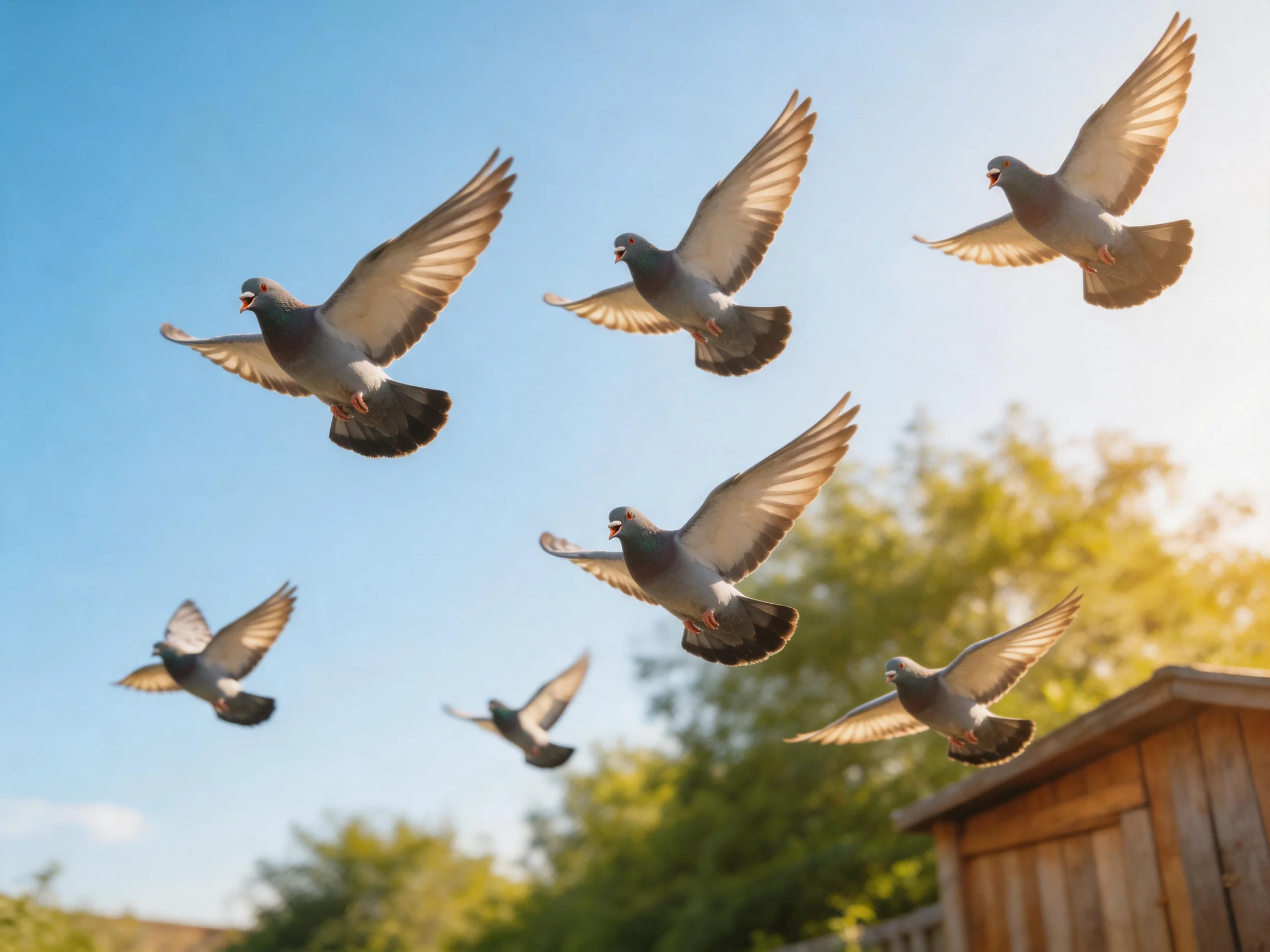 Seven pigeons fly freely amid greenery and a wooden structure under sunny skies