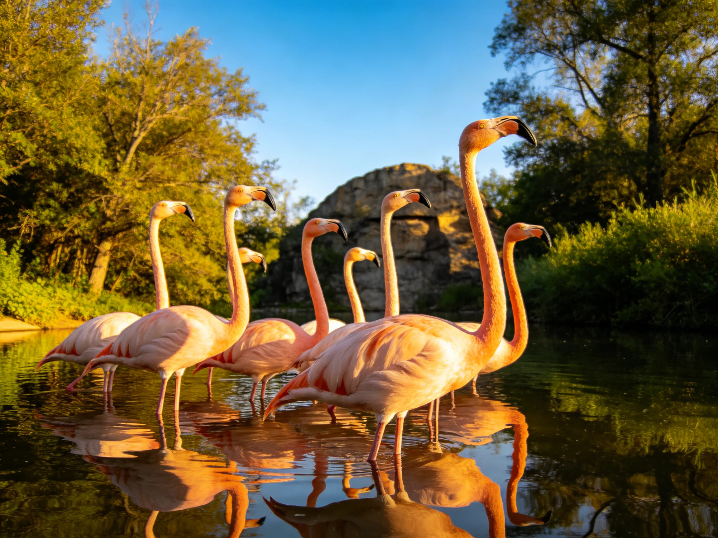 Seven pink flamingos wading in reflective water near rocky terrain