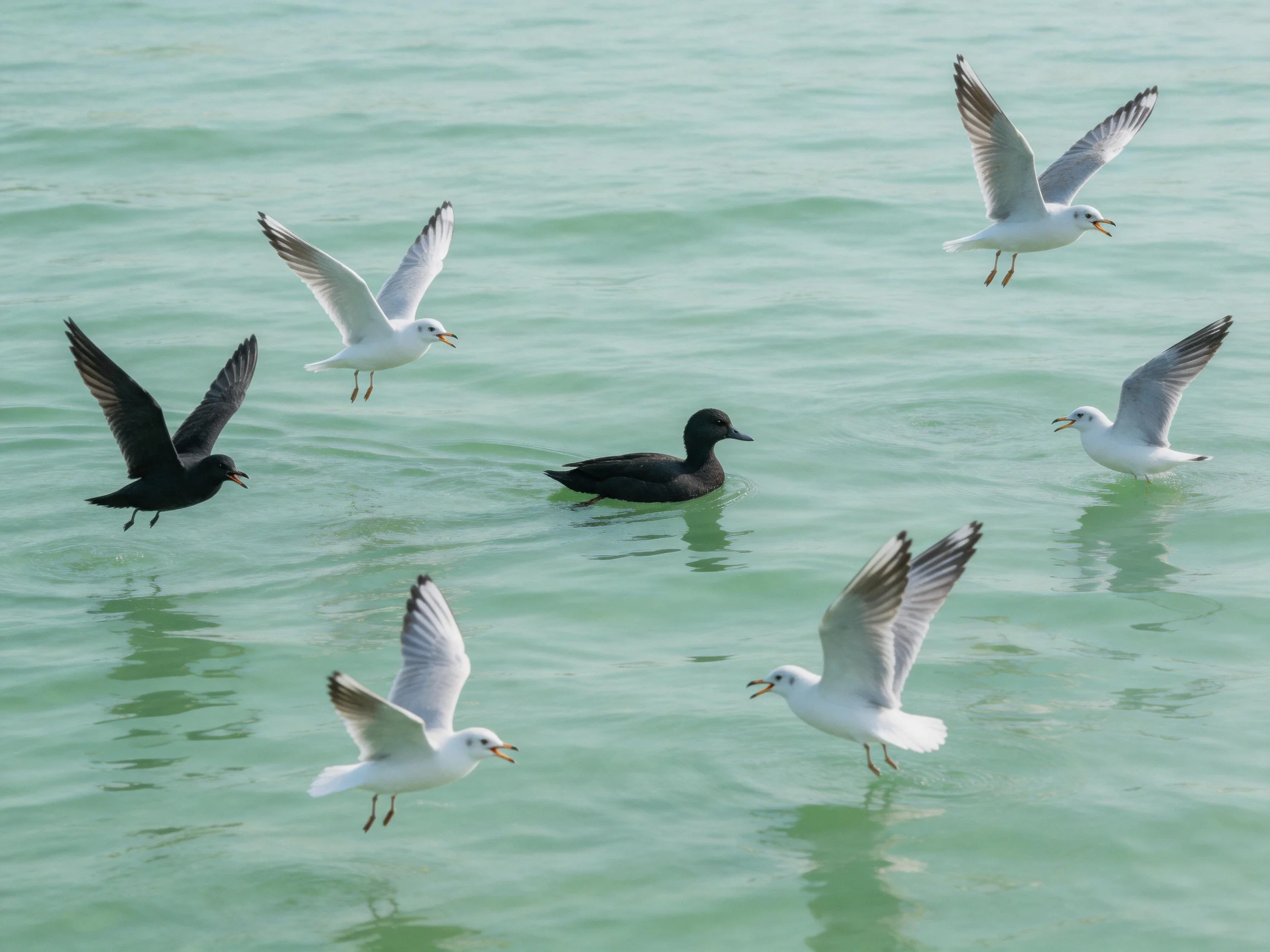 Seven seabirds, including black and white species, interact over calm water.