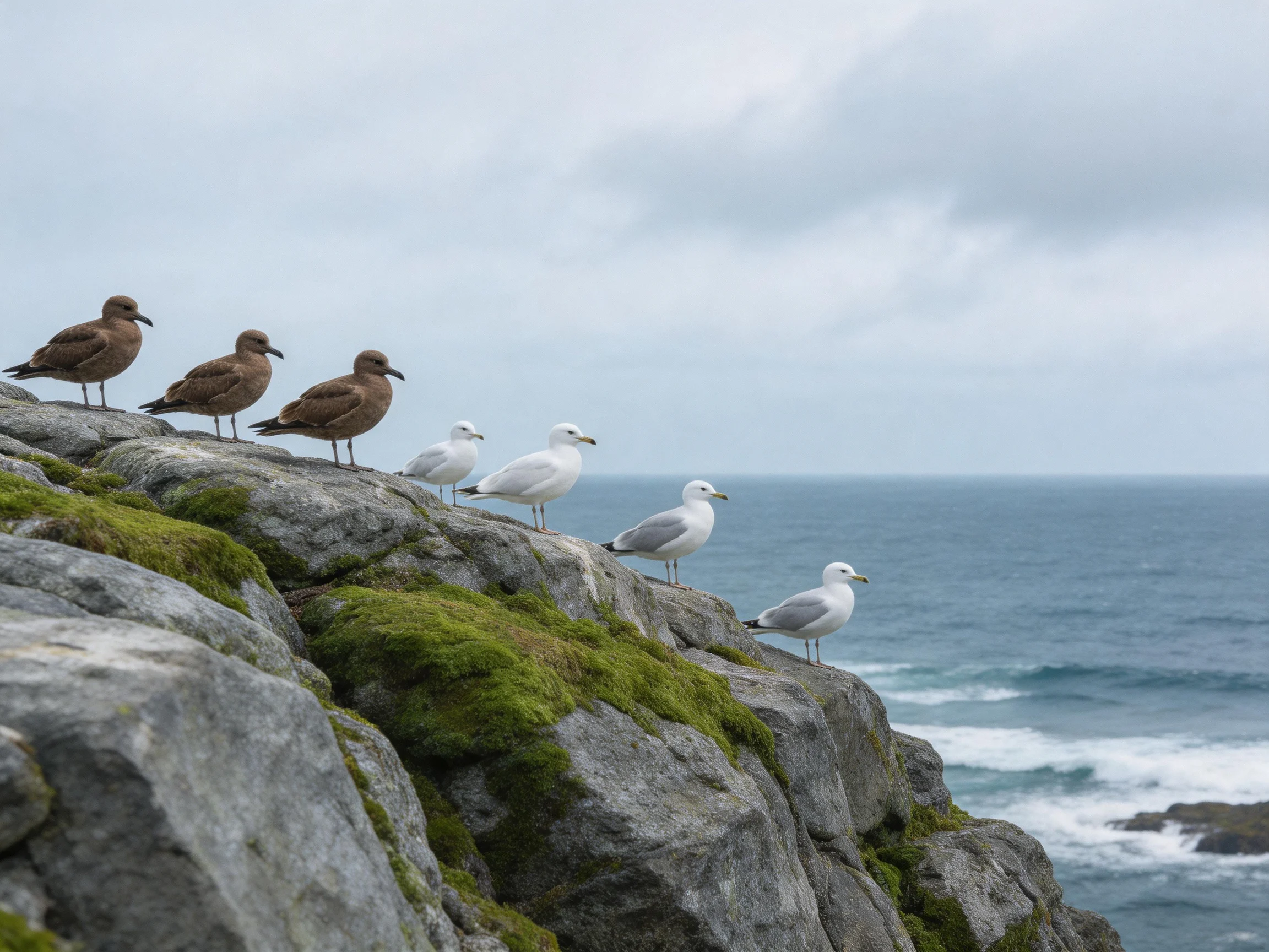 Seven seabirds of brown and white hues perch on moss-covered rocky cliffs beside the ocean