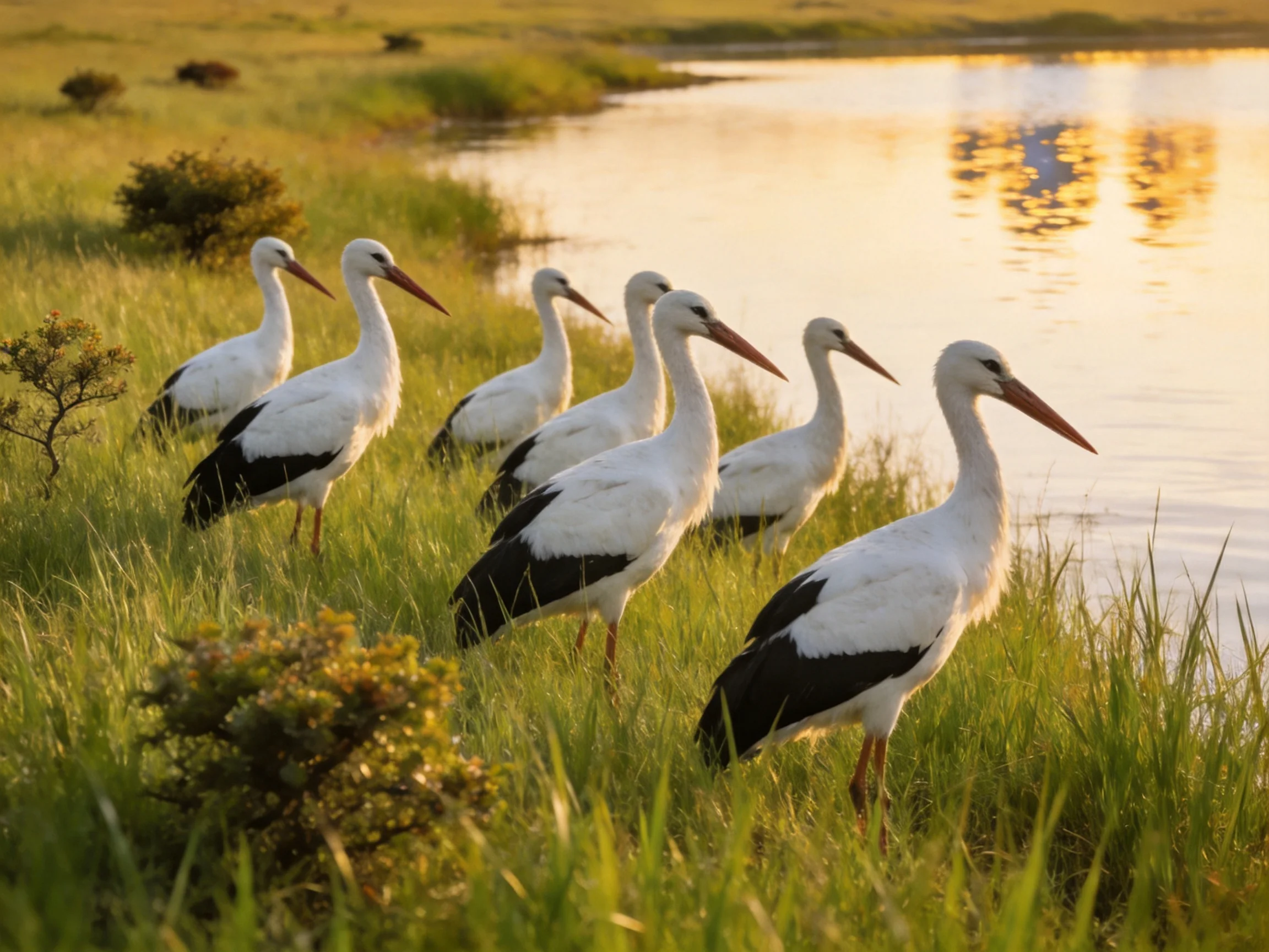 Seven white storks with black wings gather by a calm waterway.