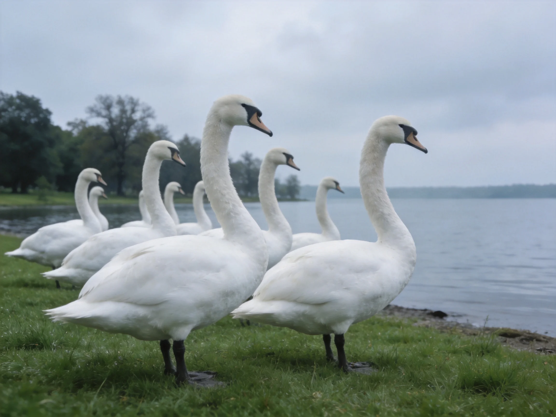 Seven white swans gathered on grass by a calm lake