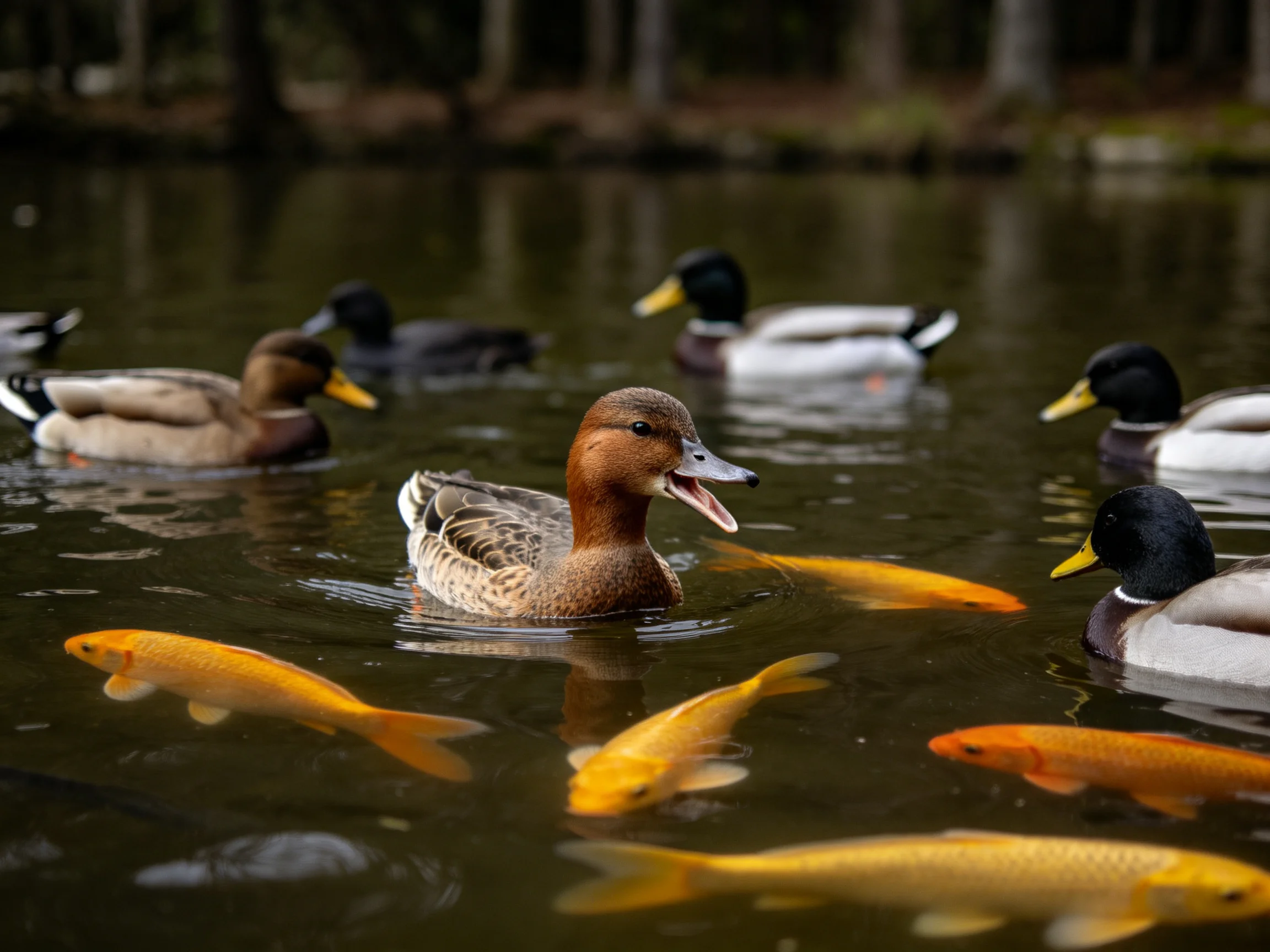 Several ducks swim with colorful koi fish in a forest pond