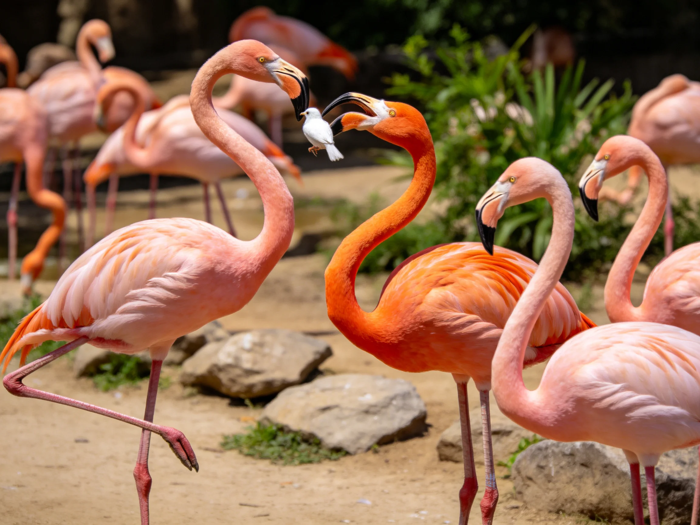 Several flamingos gather with a small white bird in a natural setting