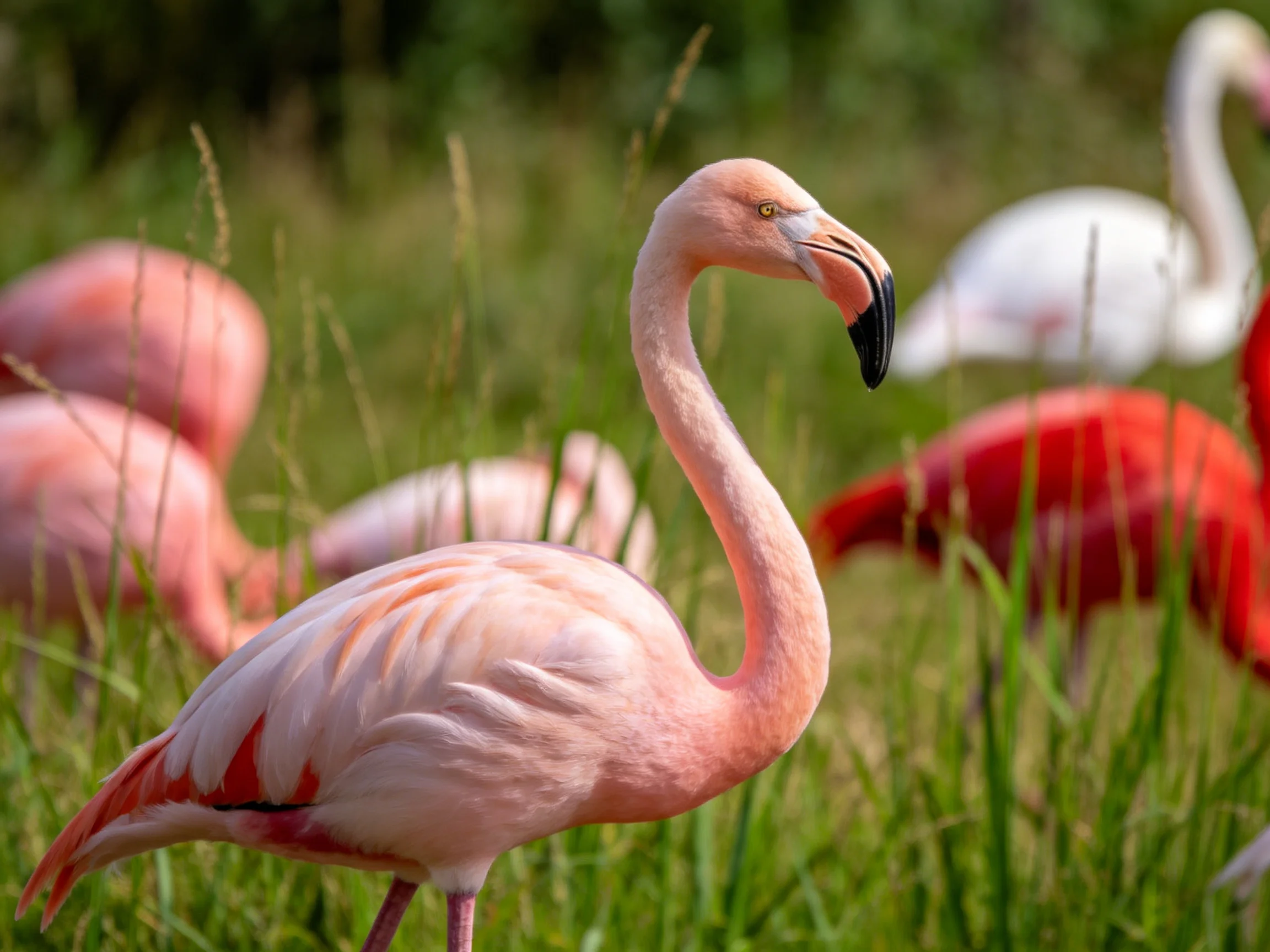 Several flamingos in pink, red, white hues amid tall green grass