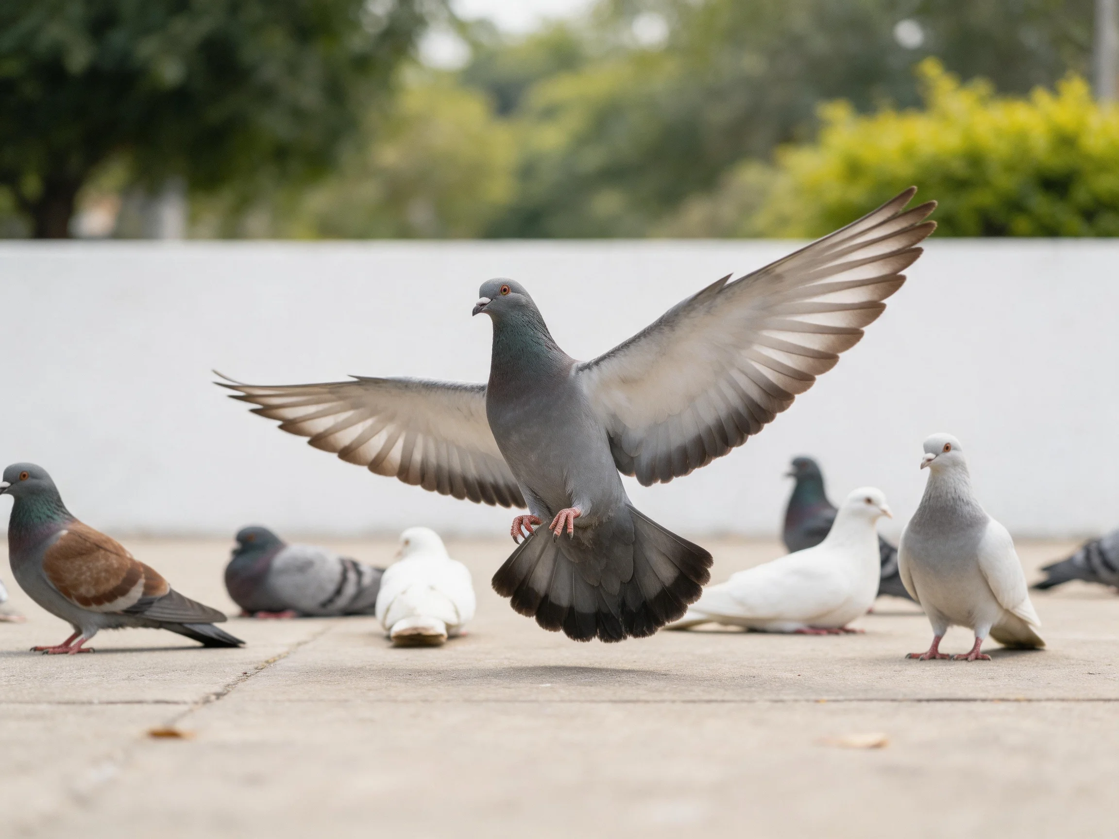 Several pigeons gather near a white wall; one flies