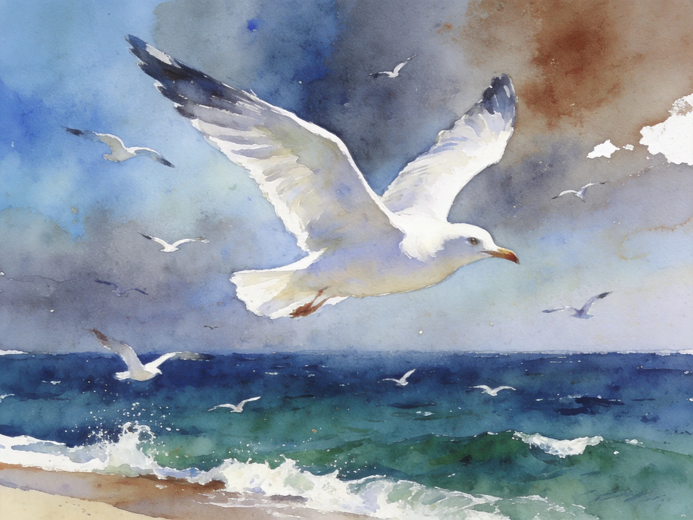 Several seagulls soaring above turquoise ocean waves in watercolor painting
