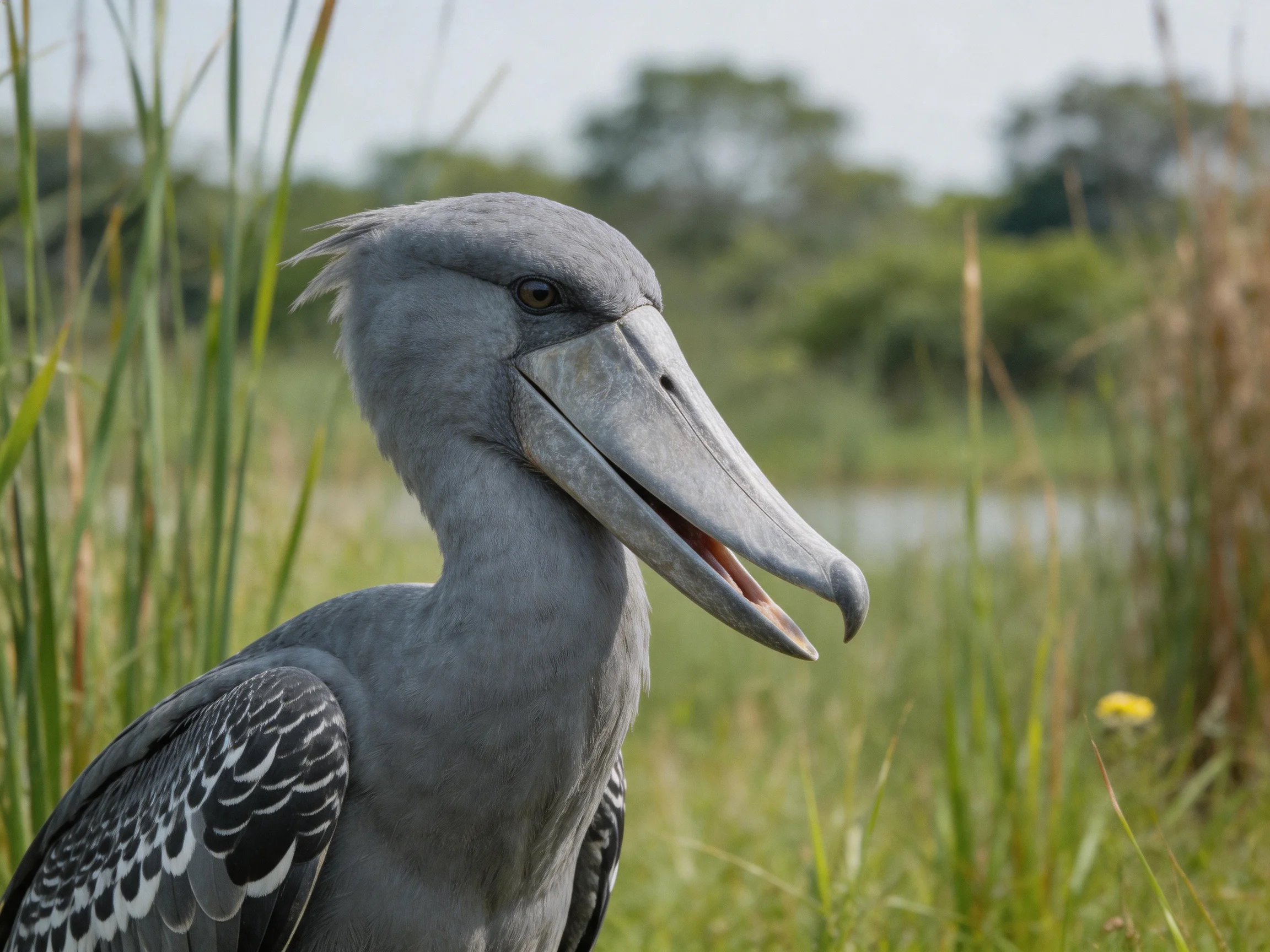 Shoebill bird with distinctive curved gray bill near marsh