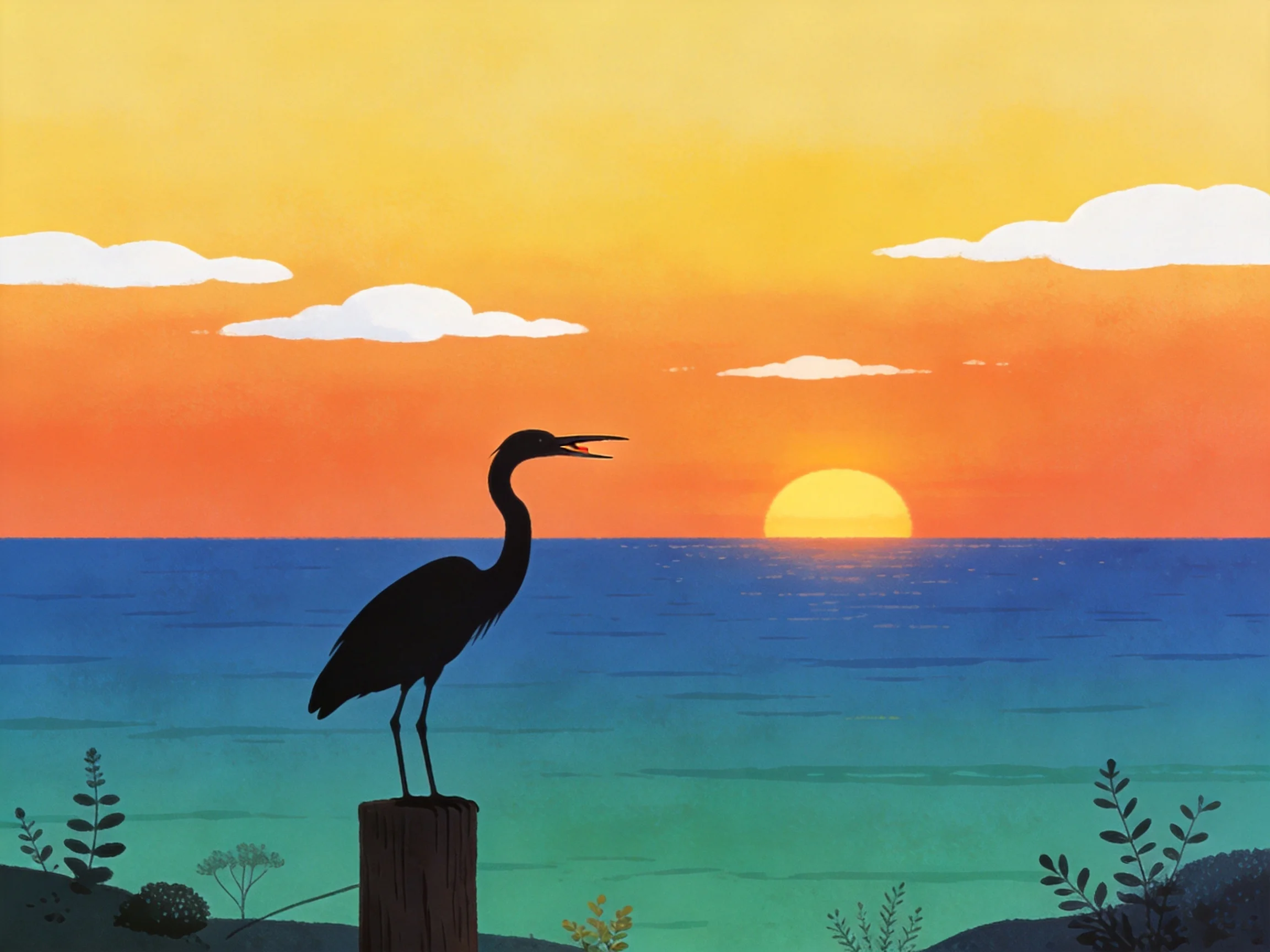 Silhouette of a Heron Near Vibrant Sunset Over Coastal Waters