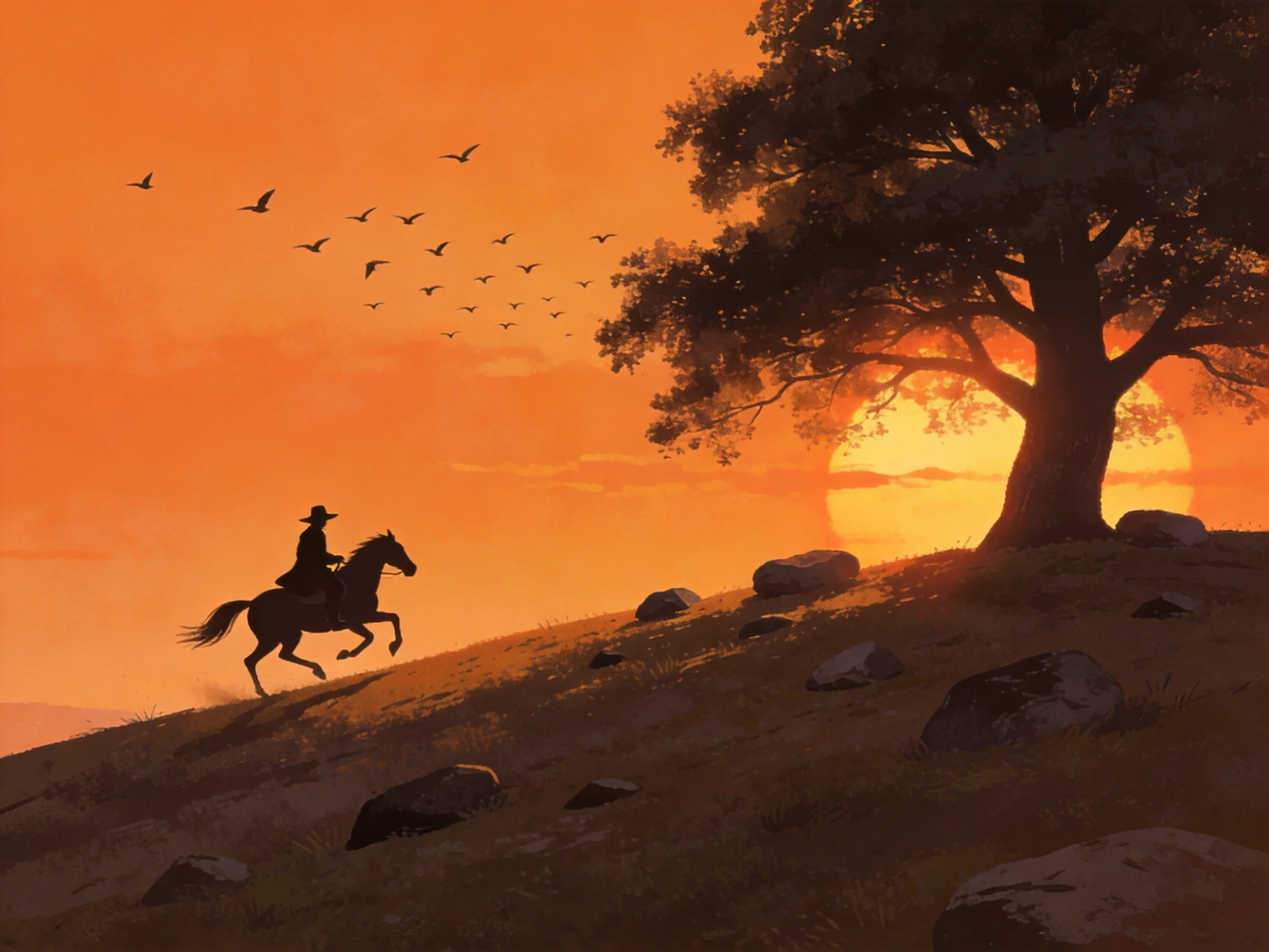 Silhouetted Horseback Rider at Sunset Hillside with Large Tree and Flock of Birds