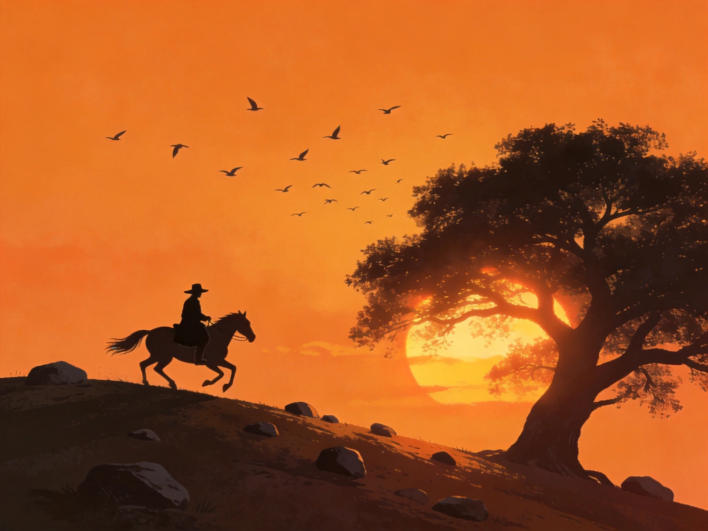 Silhouetted Rider on Horse at Sunset with Large Tree and Flock of Birds